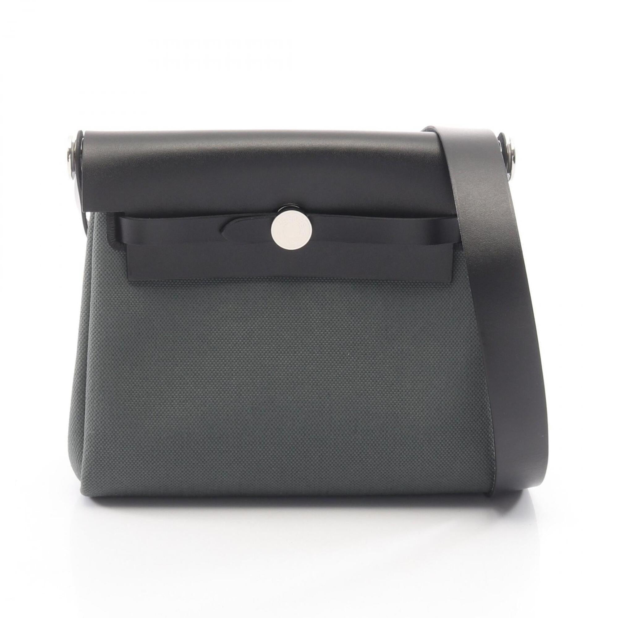 Hermes Black Green Canvas Leather Handbag Shoulder Bag (Pre-Owned)