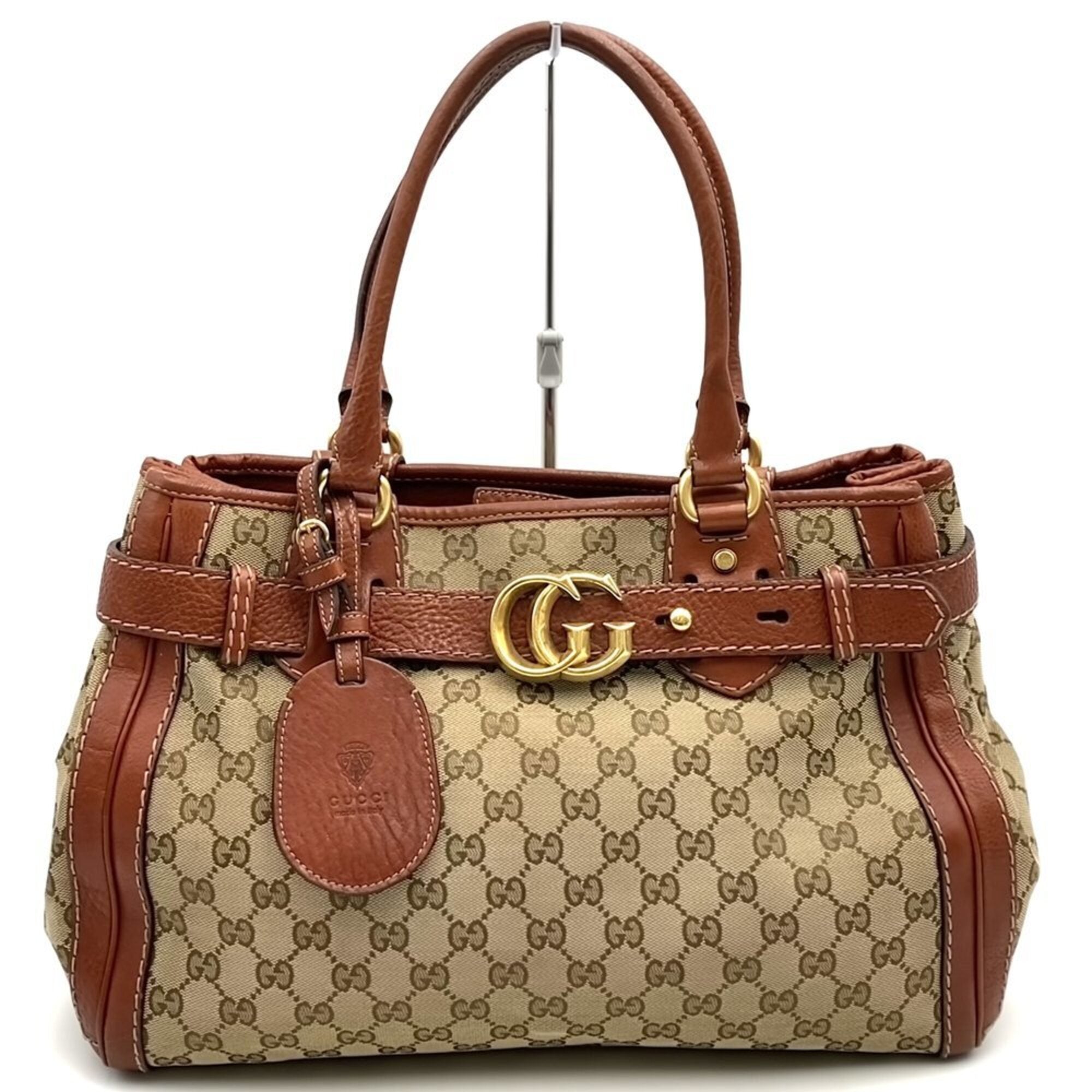Gucci Gg Canvas Brown Gg Canvas Leather Handbag Tote Bag (Pre-Owned)
