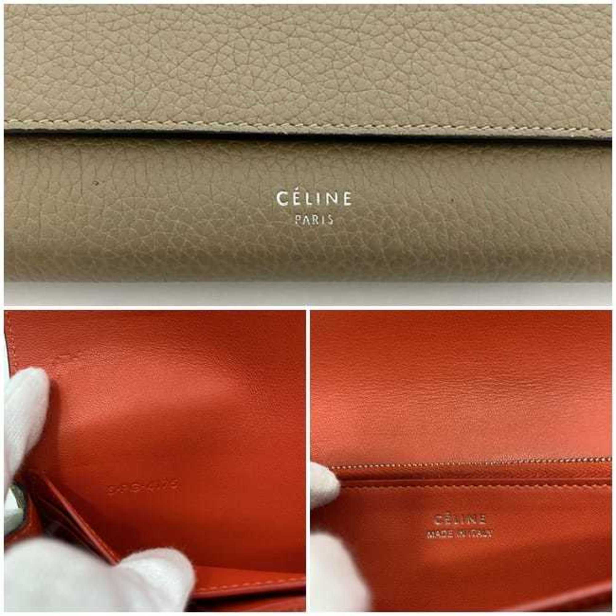 Celine Beige Red Color Leather Long Wallet (Bi-Fold) (Pre-Owned)