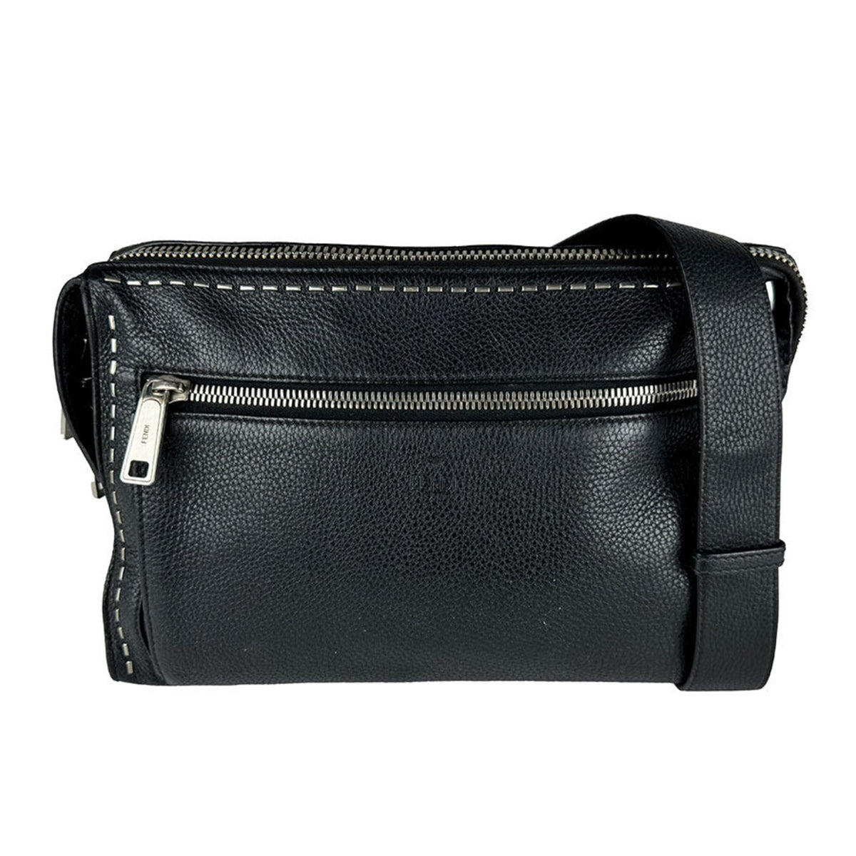 Fendi Black Leather Messenger Bag Shoulder Bag (Pre-Owned)