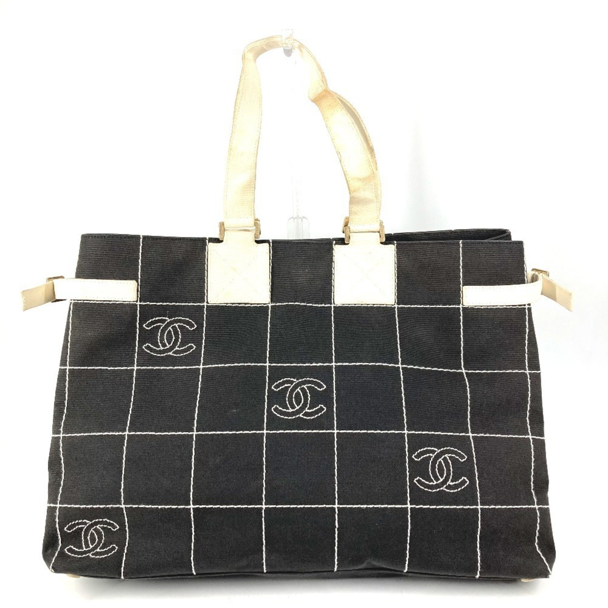 Chanel Black White Canvas Handbag Shoulder Bag Tote Bag (Pre-Owned)