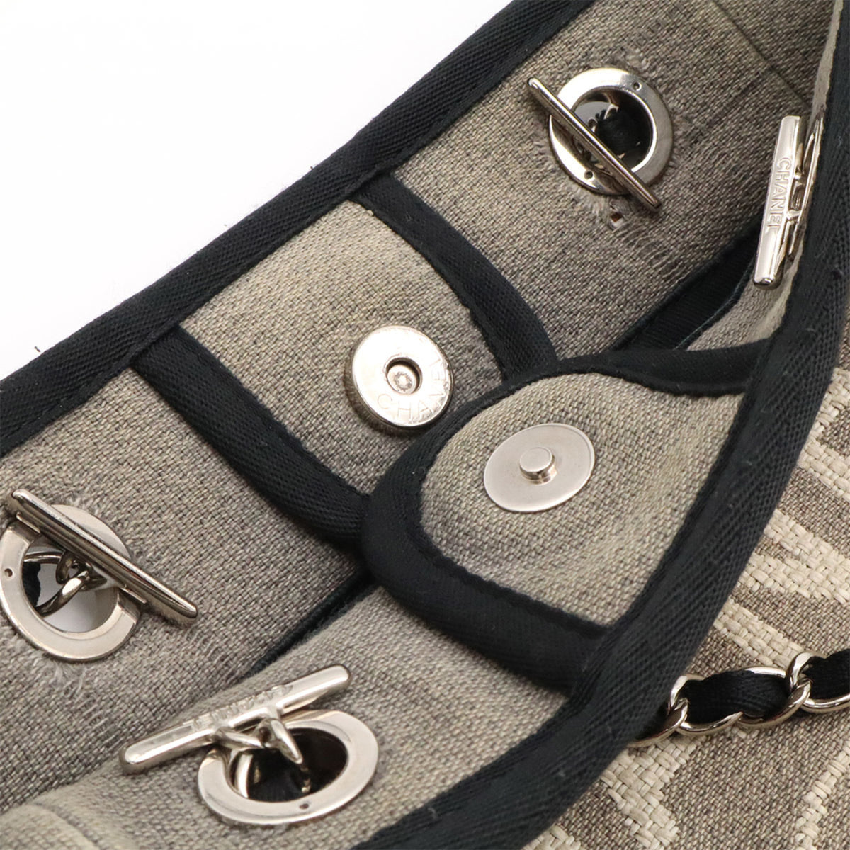 Chanel Black Gray Canvas Leather Shoulder Bag Tote Bag (Pre-Owned)