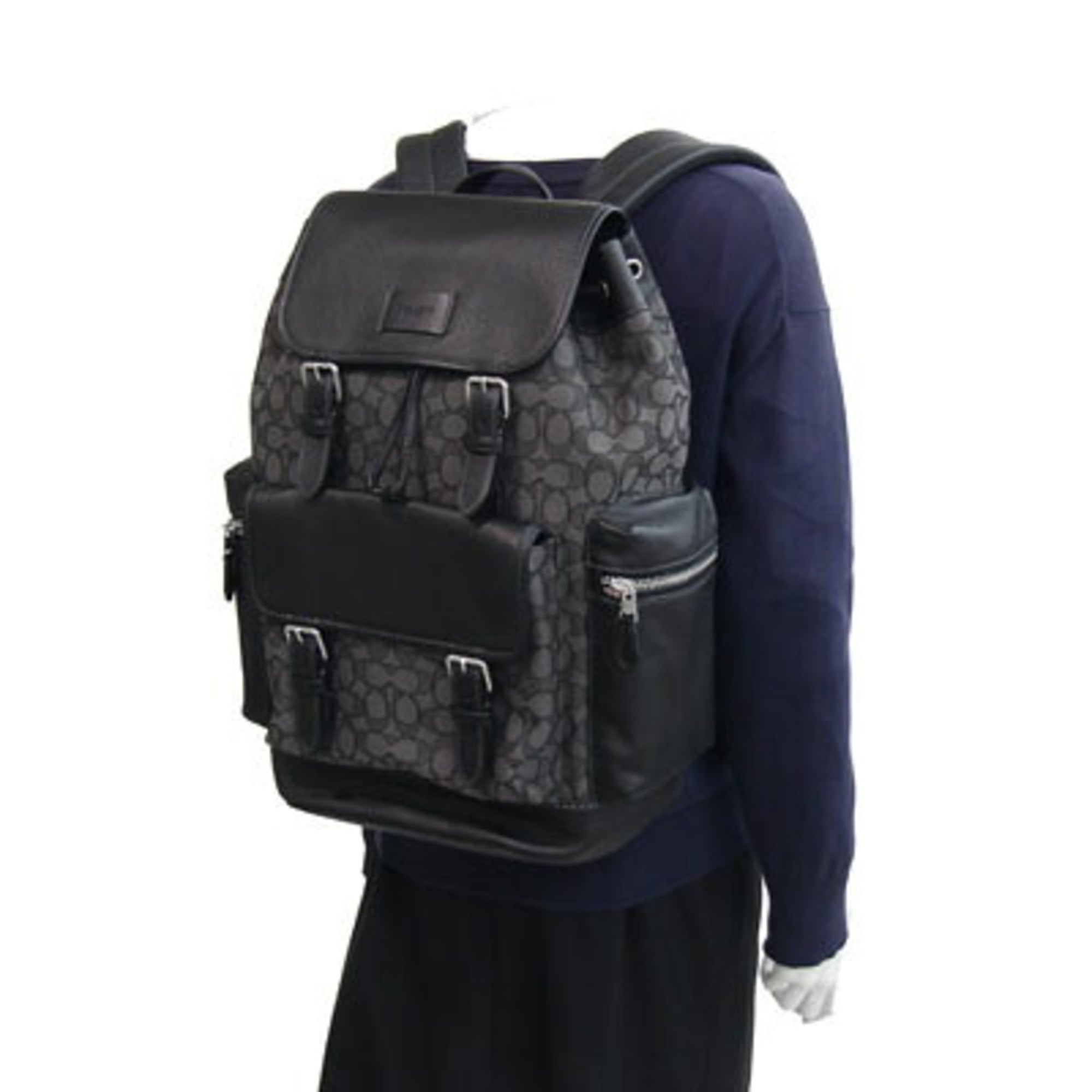 Coach Signature Black Gray Canvas Leather Backpack (Pre-Owned)