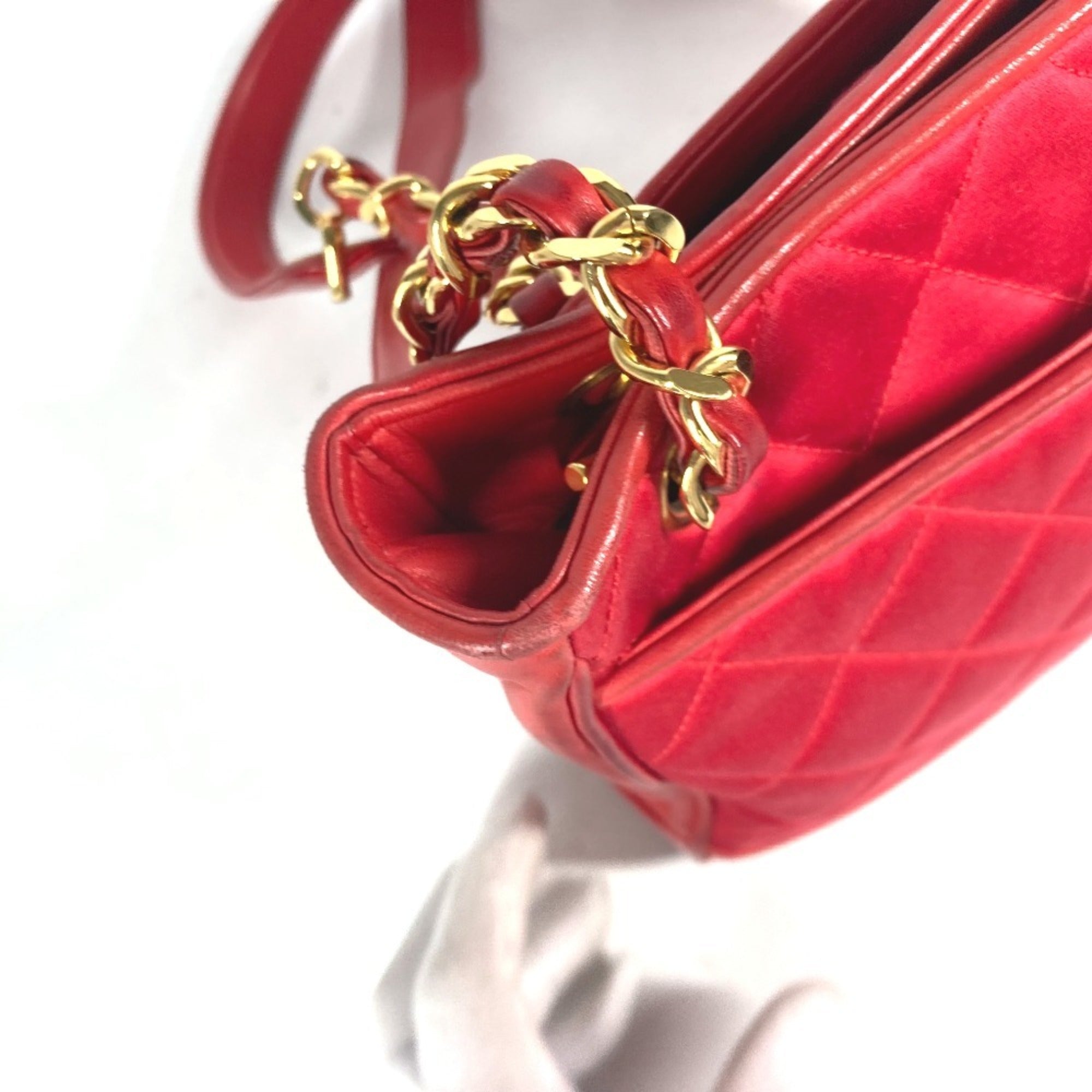 Chanel Red Color Satin Leather Shoulder Bag Tote Bag (Pre-Owned)