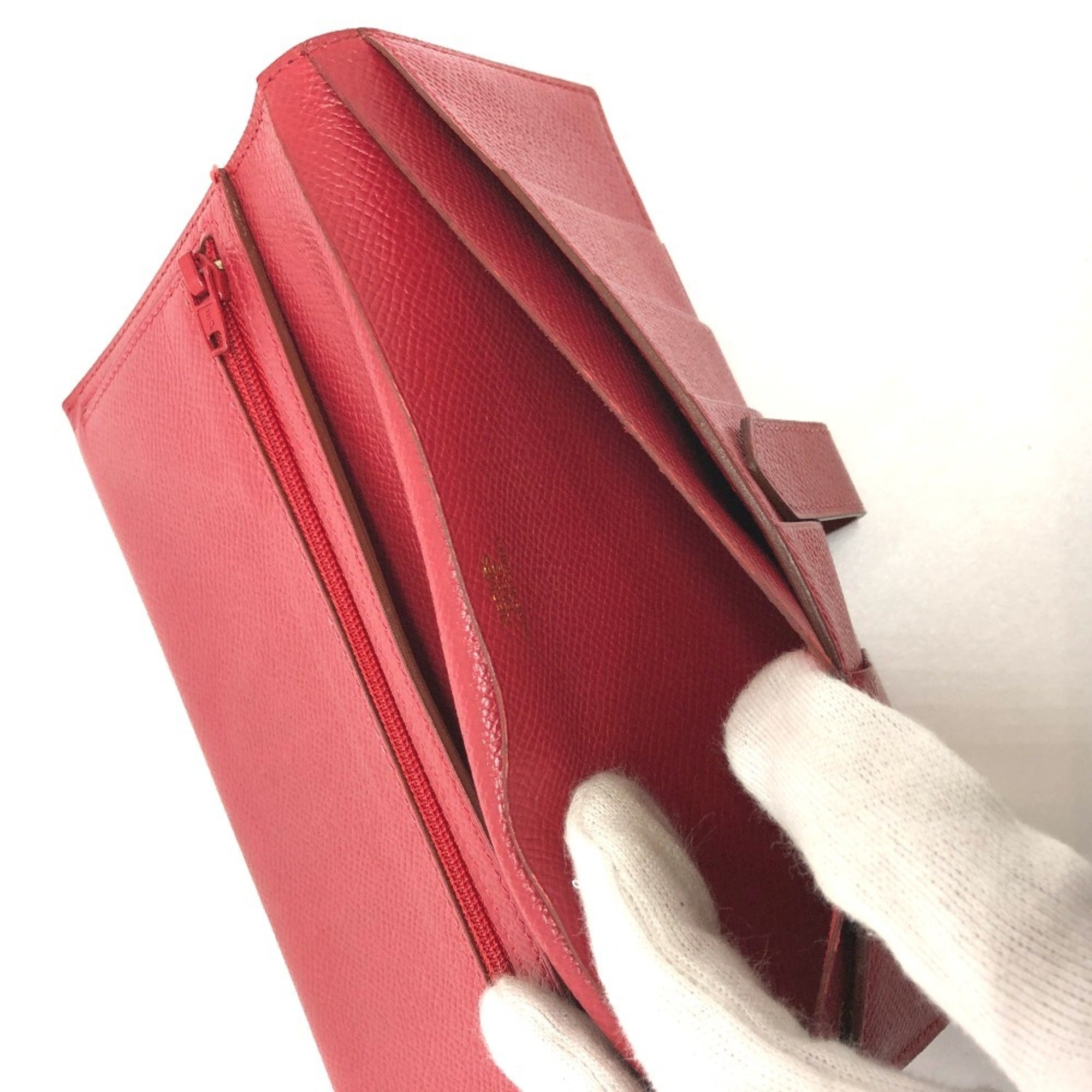 Hermes Red Color Courchevel Leather Long Wallet (Bi-Fold) (Pre-Owned)