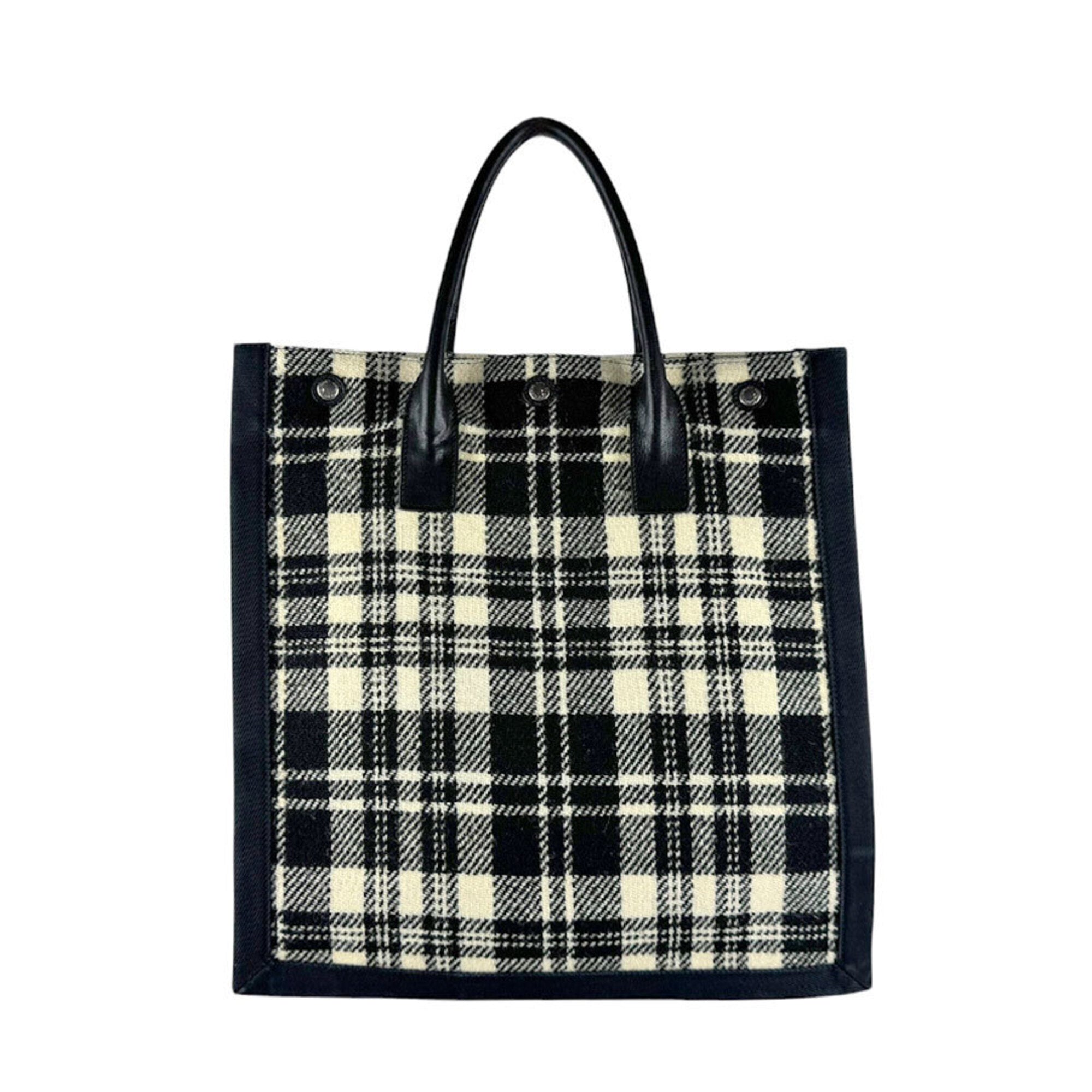 Saint Laurent Black White Leather Cotton Handbag Tote Bag (Pre-Owned)