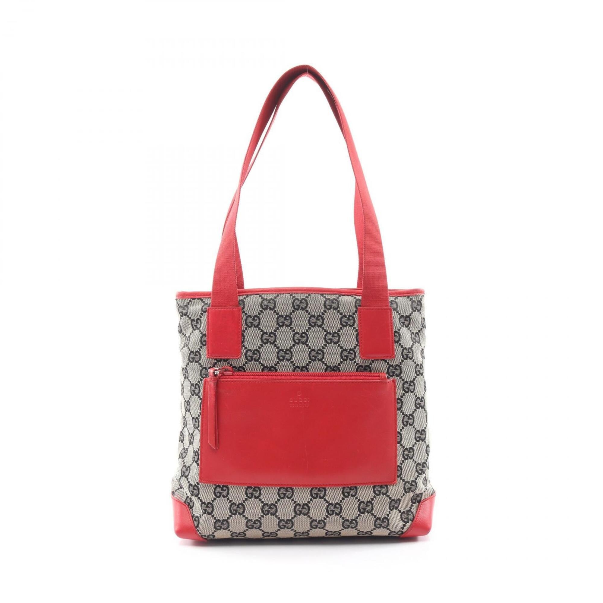 Gucci Beige Navy Red Color Canvas Leather Handbag Tote Bag (Pre-Owned)