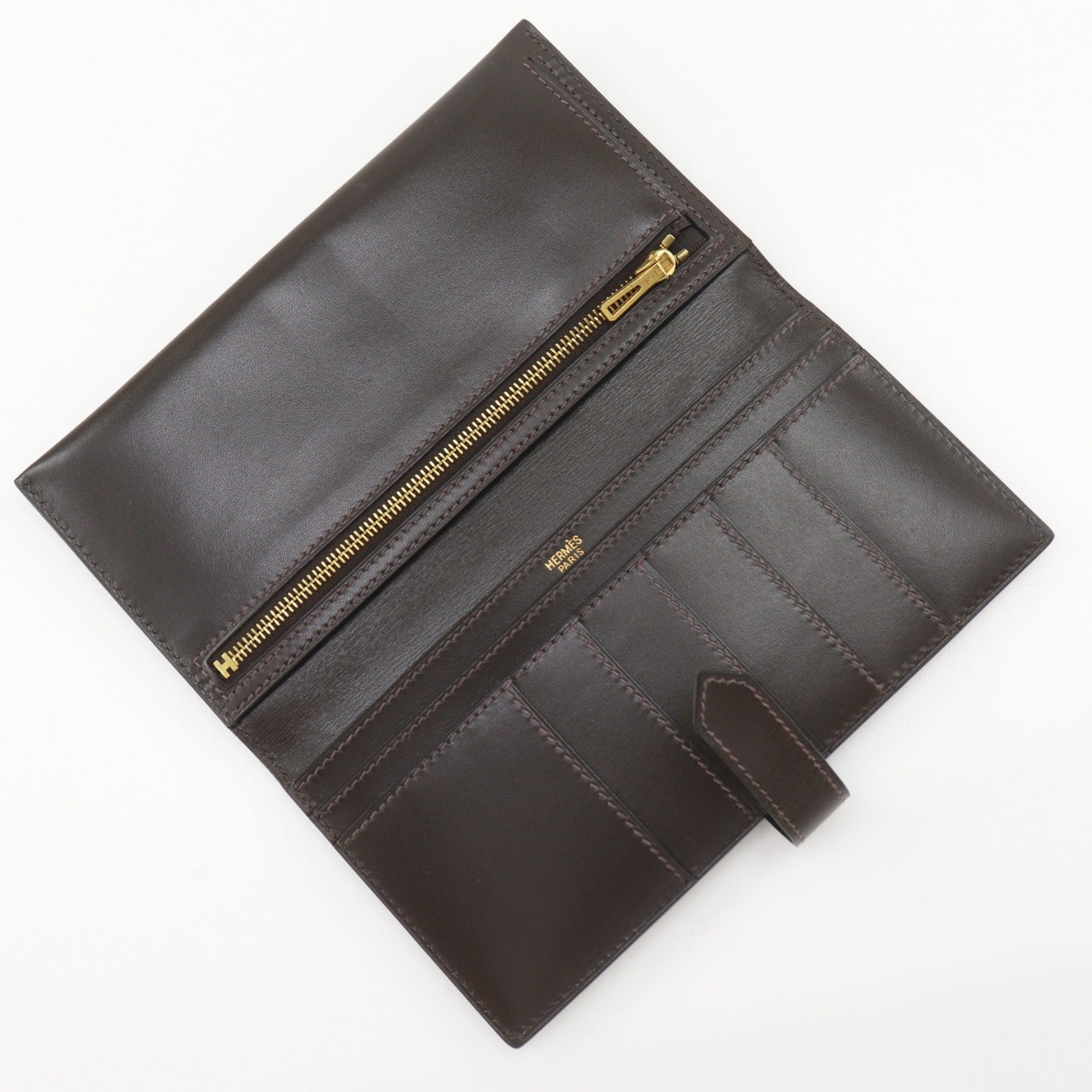 Hermes Brown Box Calf Leather Long Wallet (Bi-Fold) (Pre-Owned)