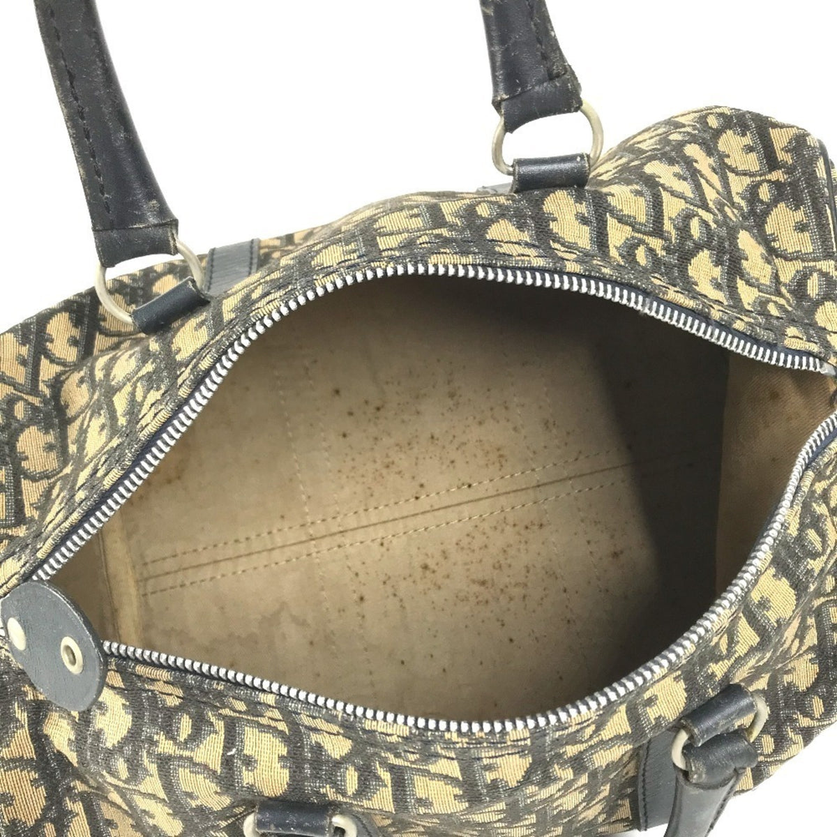 Christian Dior Navy Leather Canvas Boston Bag Handbag (Pre-Owned)