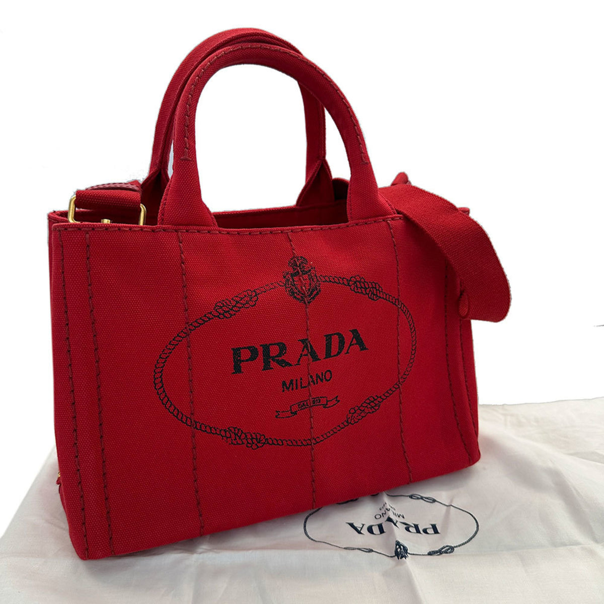 Prada Red Color Canvas Handbag Shoulder Bag (Pre-Owned)