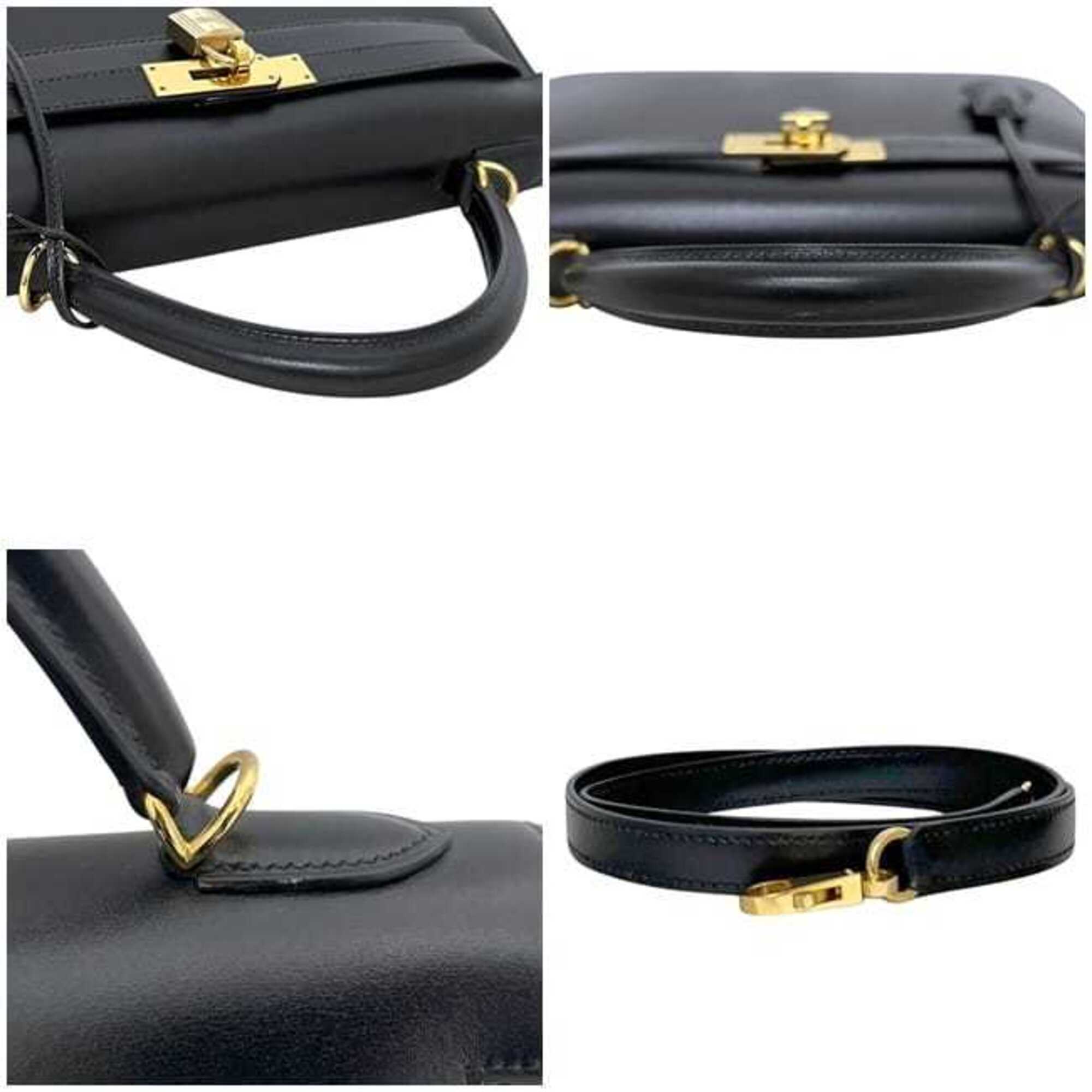 Hermes Kelly Black Box Calf Leather Handbag Shoulder Bag (Pre-Owned)