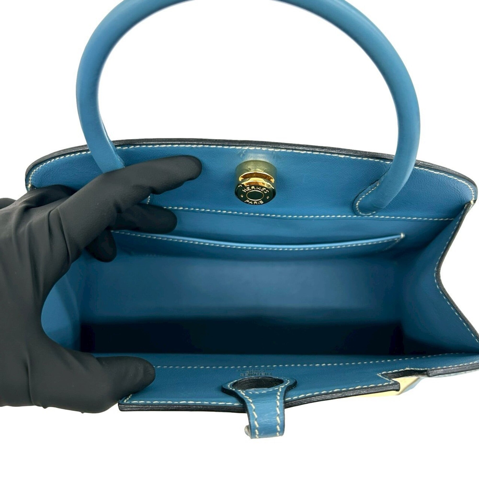 Hermes Beige Blue Leather Handbag Tote Bag (Pre-Owned)