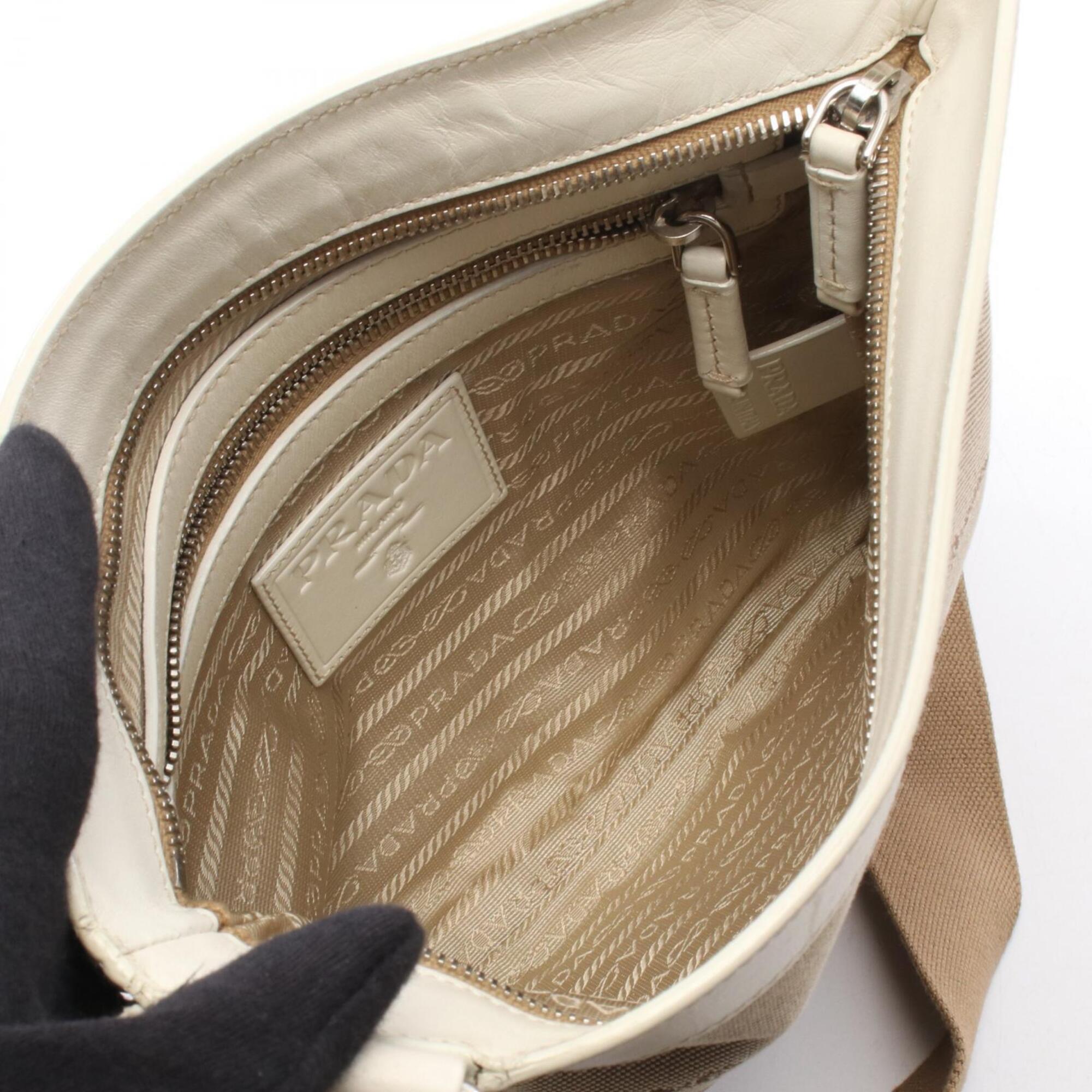 Prada Beige Ivory Canvas Leather Handbag Shoulder Bag (Pre-Owned)