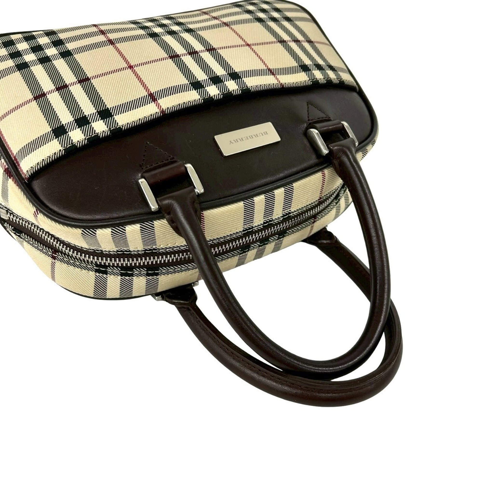 Burberry Beige Brown Leather Canvas Boston Bag Handbag (Pre-Owned)