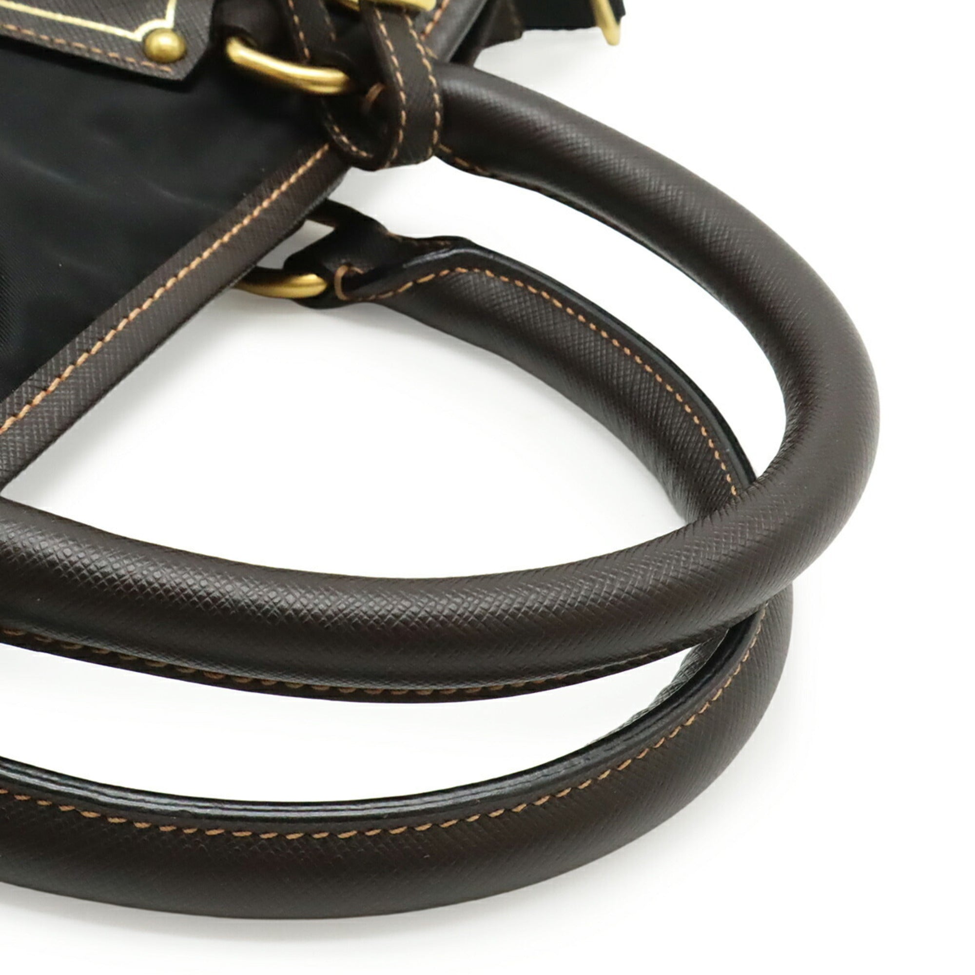 Prada Black Dark Brown Nero Nylon Leather Shoulder Bag Tote Bag (Pre-Owned)