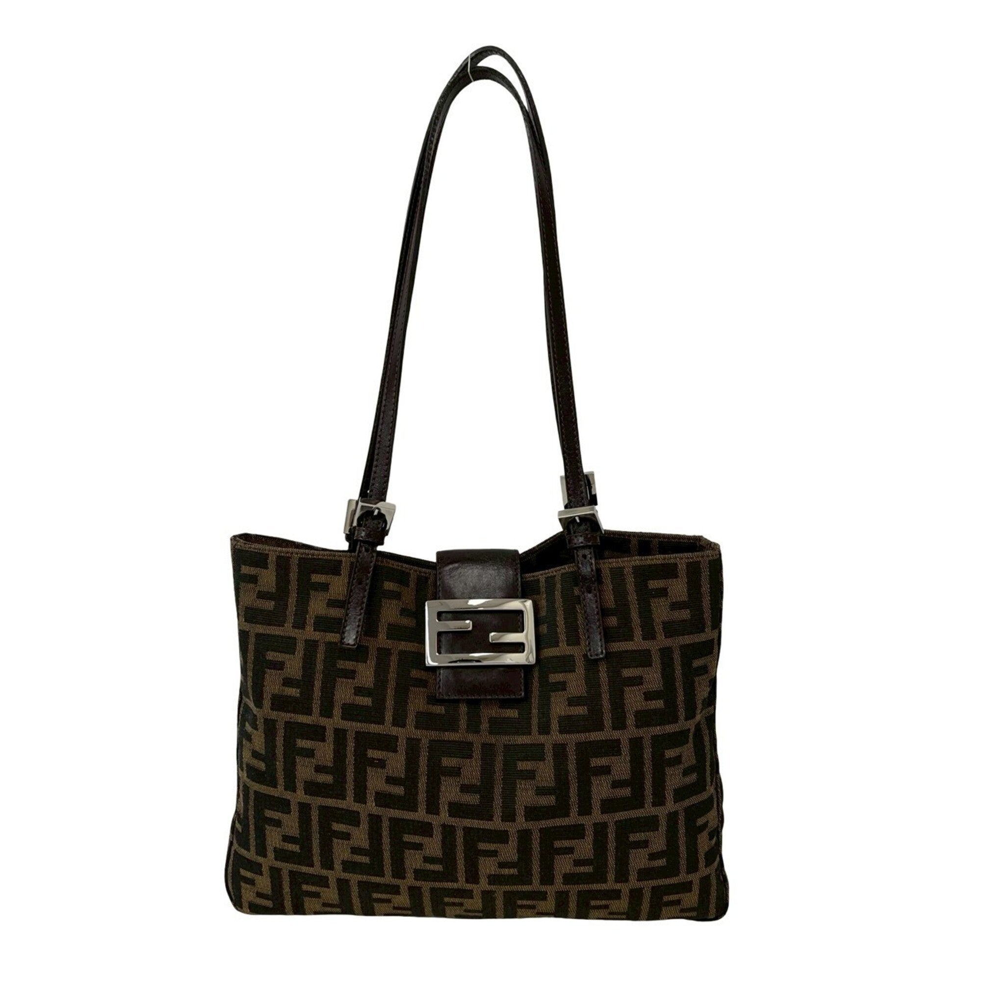 Fendi Black Brown Canvas Leather Shoulder Bag Tote Bag (Pre-Owned)