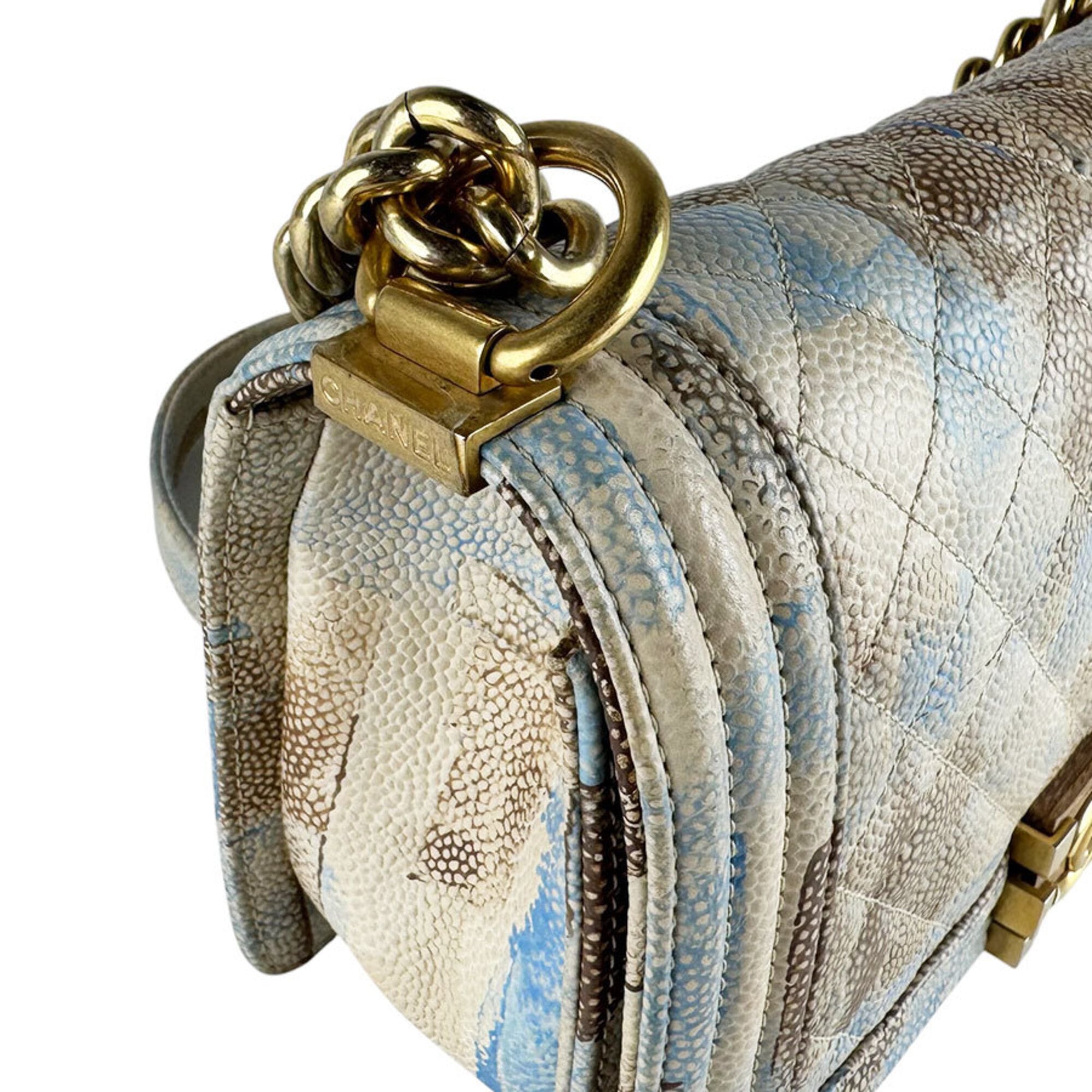 Chanel Beige Blue Brown Grained Calfskin Shoulder Bag (Pre-Owned)