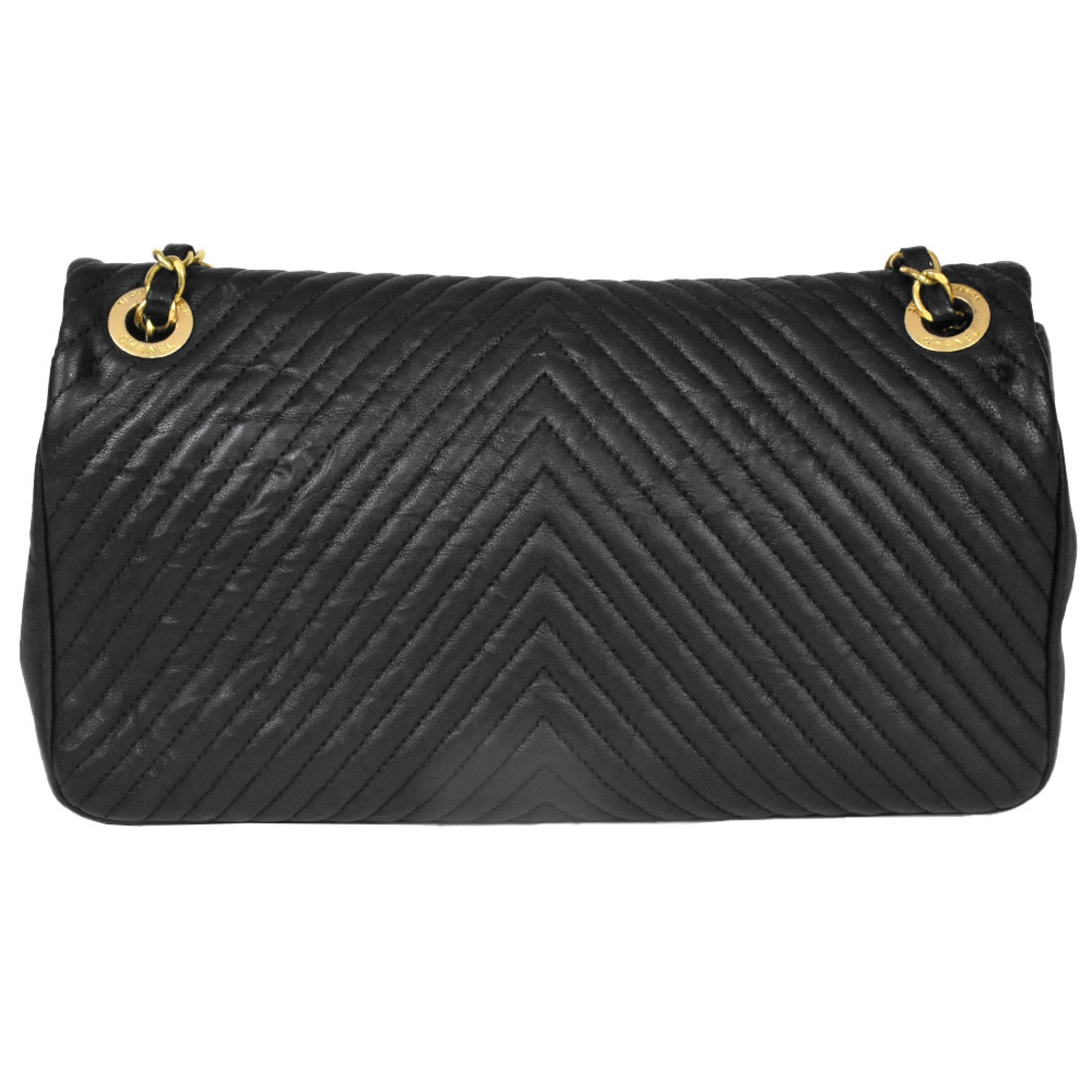 Chanel Chevron (V Stitch) Black Leather Shoulder Bag (Pre-Owned)