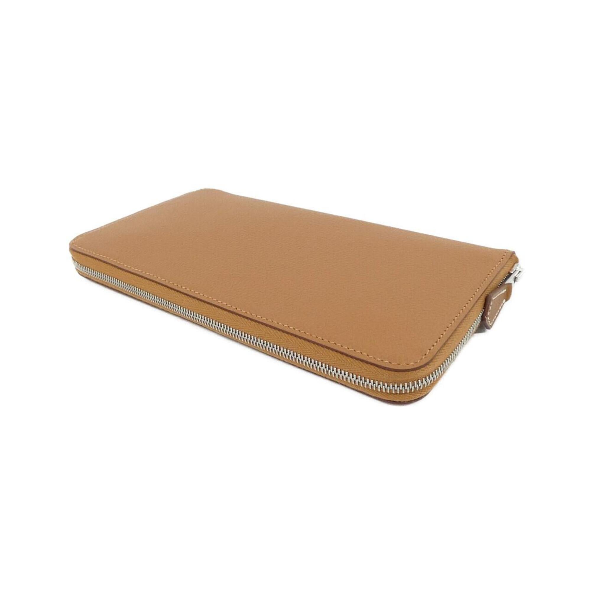 Hermes Gold Brown Silk Evercalf Leather Long Wallet (Bi-Fold) (Pre-Owned)