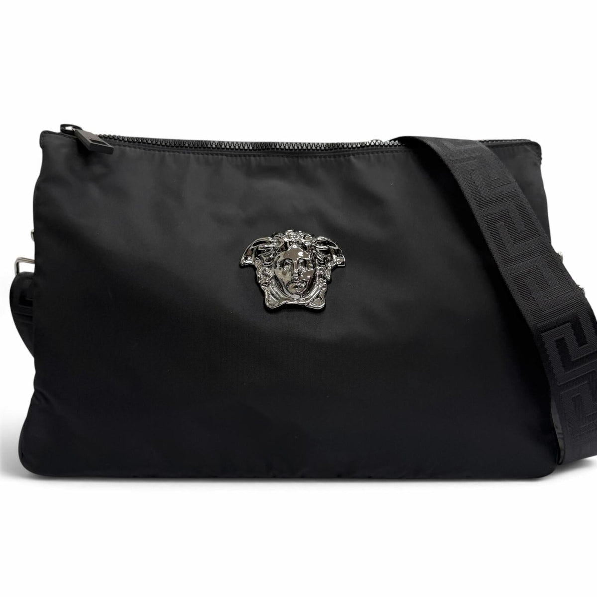 Versace Black Nylon Leather Clutch Bag Shoulder Bag (Pre-Owned)