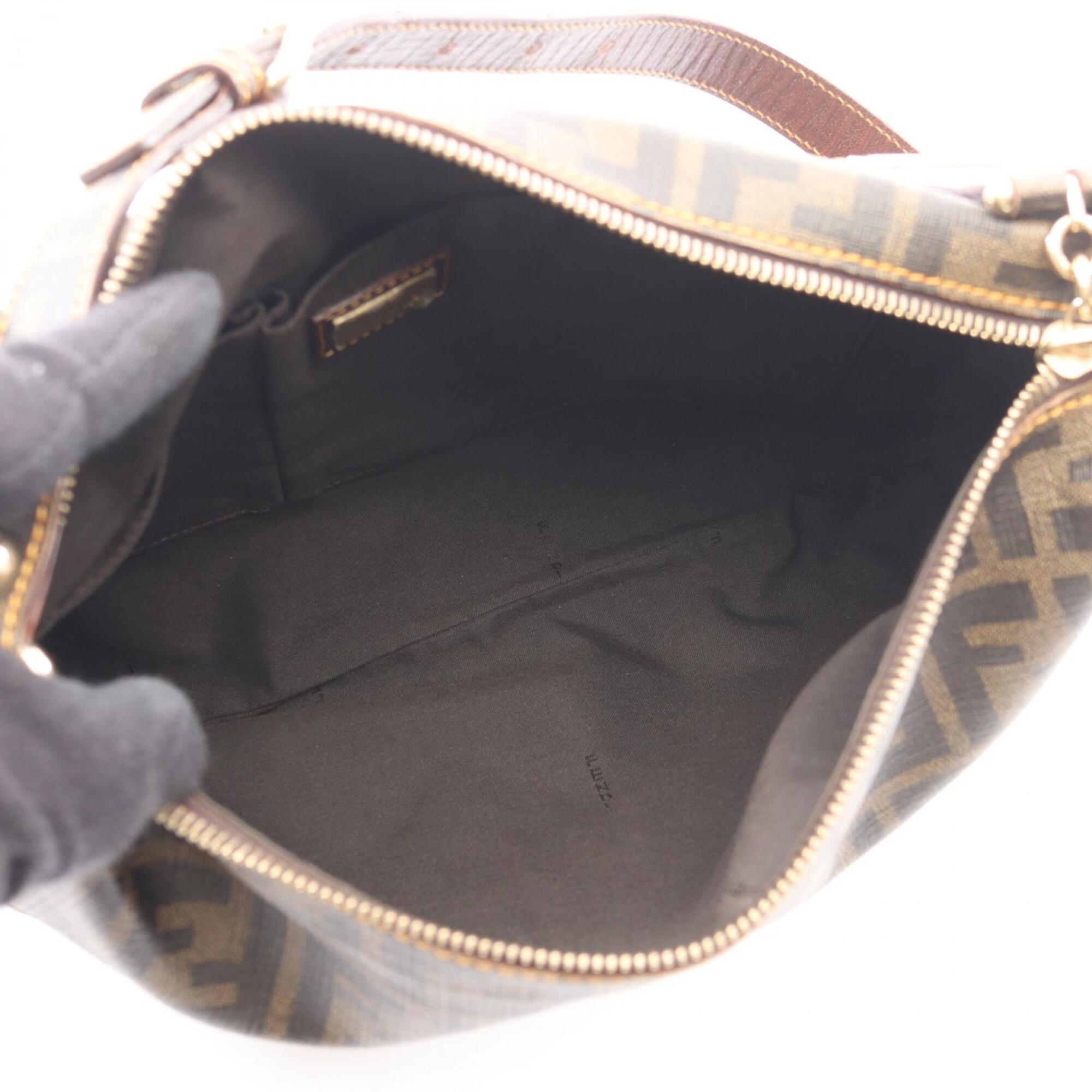 Fendi Beige Black Brown Canvas Leather Handbag Shoulder Bag (Pre-Owned)