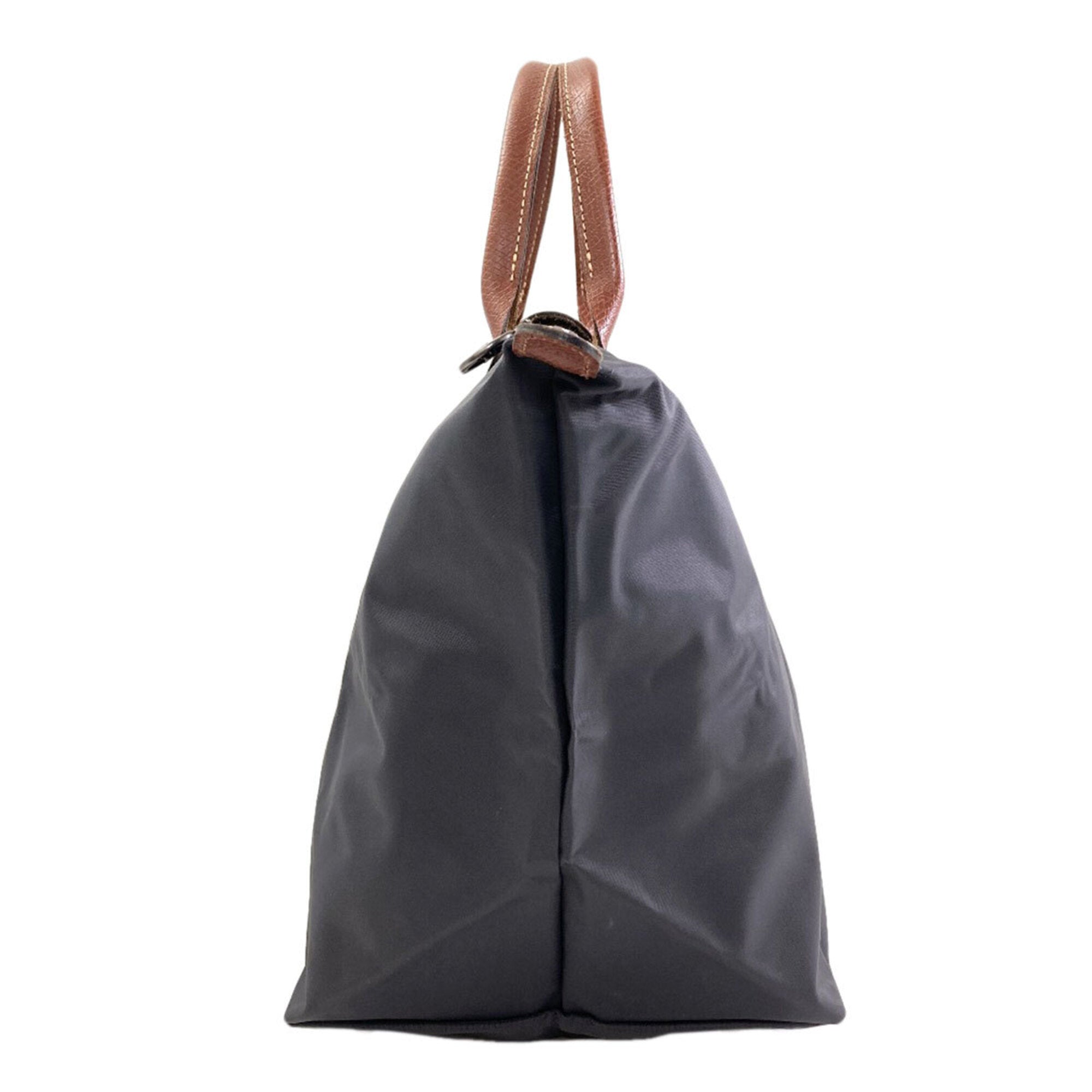 Longchamp Le Pliage Brown Gray Nylon Leather Handbag (Pre-Owned)