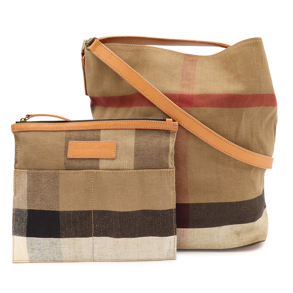 Burberry Black Brown Red Color Canvas Leather Shoulder Bag (Pre-Owned)