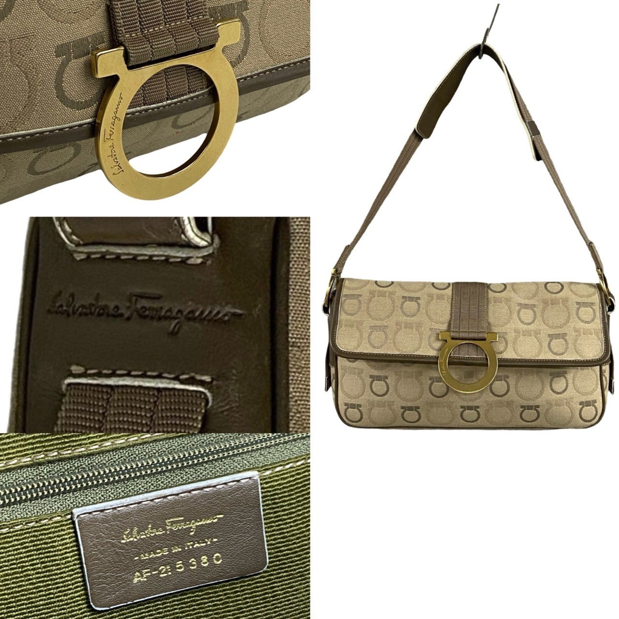 Salvatore Ferragamo Beige Brown Canvas Leather Shoulder Bag (Pre-Owned)