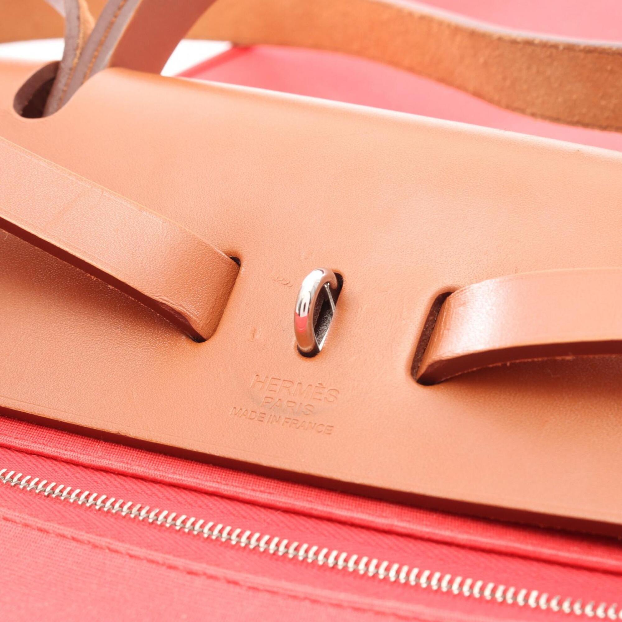 Hermes Brown Red Color Rose Jaipur Canvas Leather Handbag (Pre-Owned)