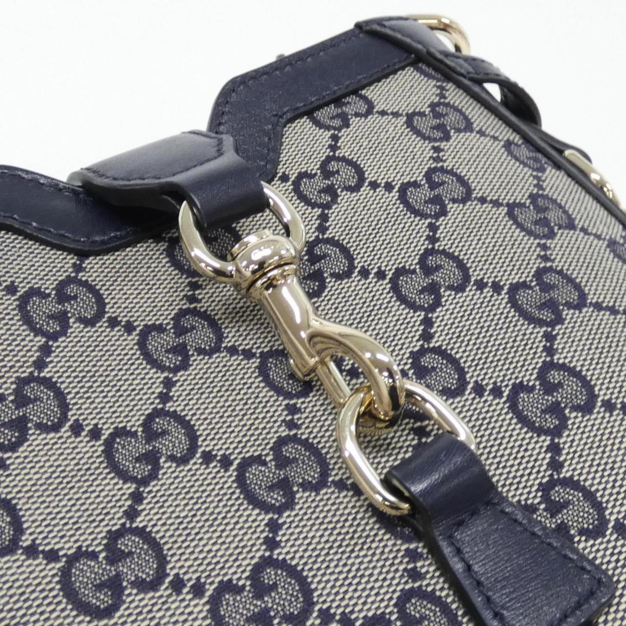 Gucci Gg Canvas Beige Navy Gg Canvas Leather Shoulder Bag (Pre-Owned)