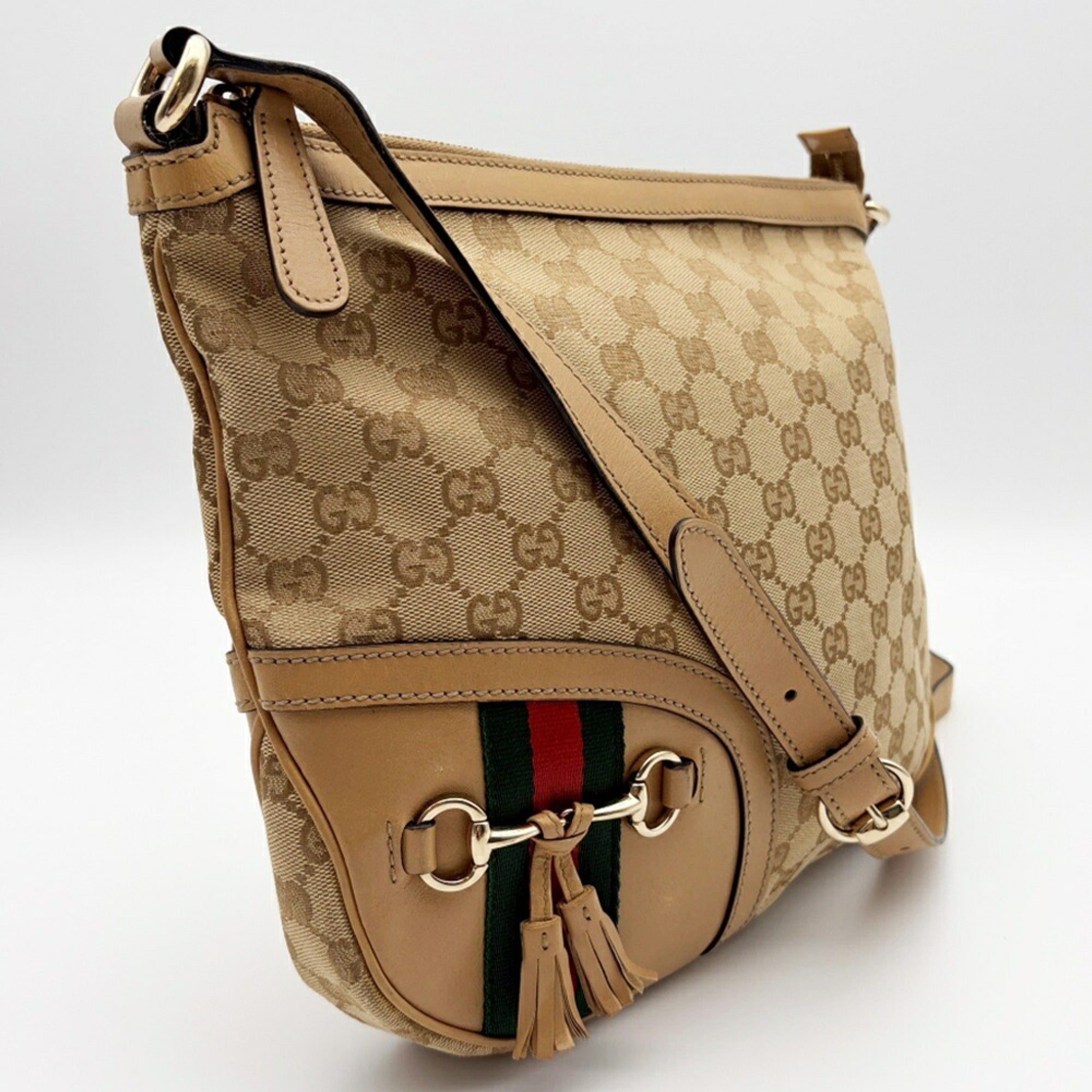 Gucci Beige Brown Canvas Leather Shoulder Bag (Pre-Owned)