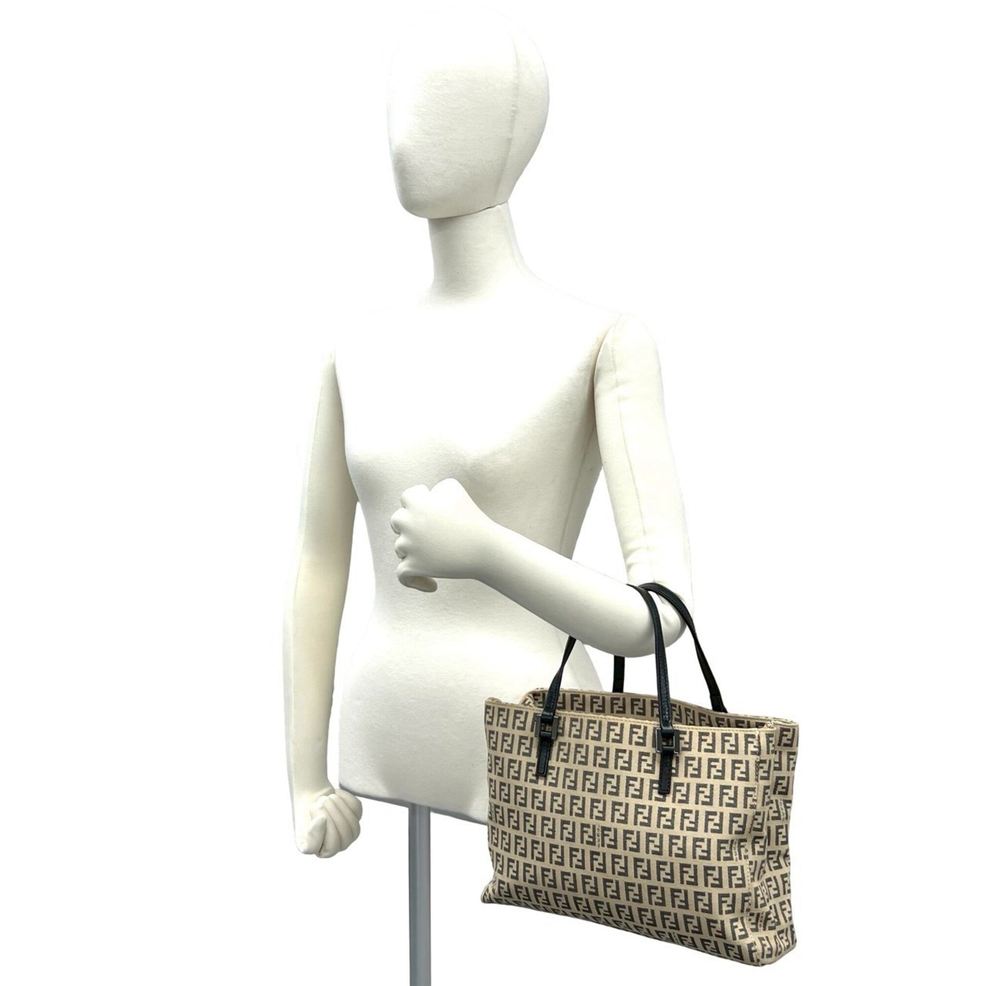 Fendi Beige Black Nylon Leather Handbag Tote Bag (Pre-Owned)