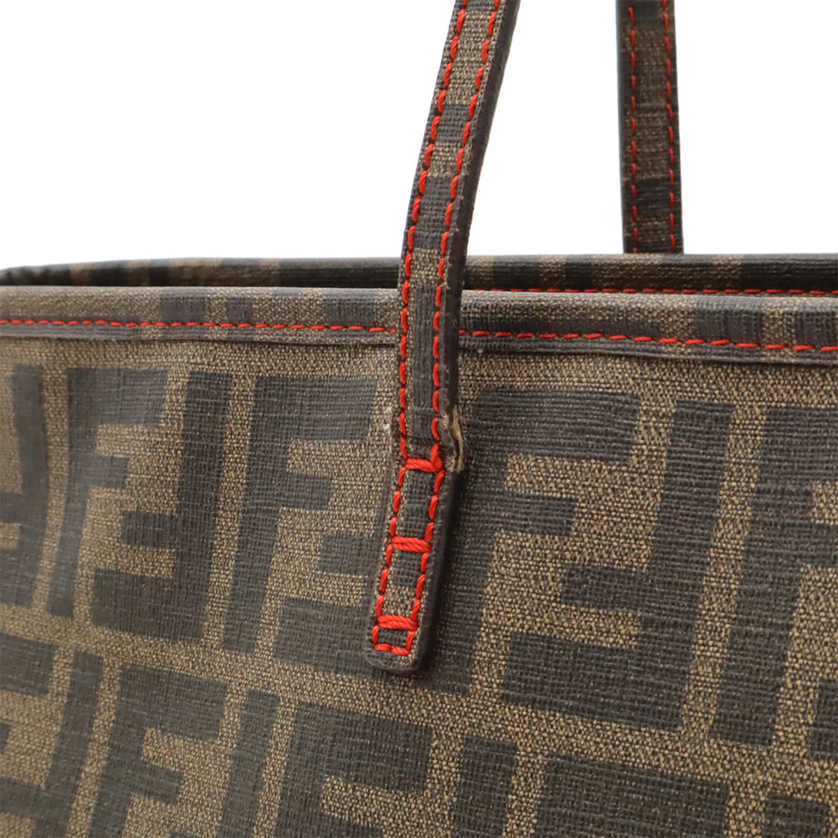 Fendi Dark Brown Khaki Brown Red Color Coated Canvas Leather Shoulder Bag Tote Bag (Pre-Owned)