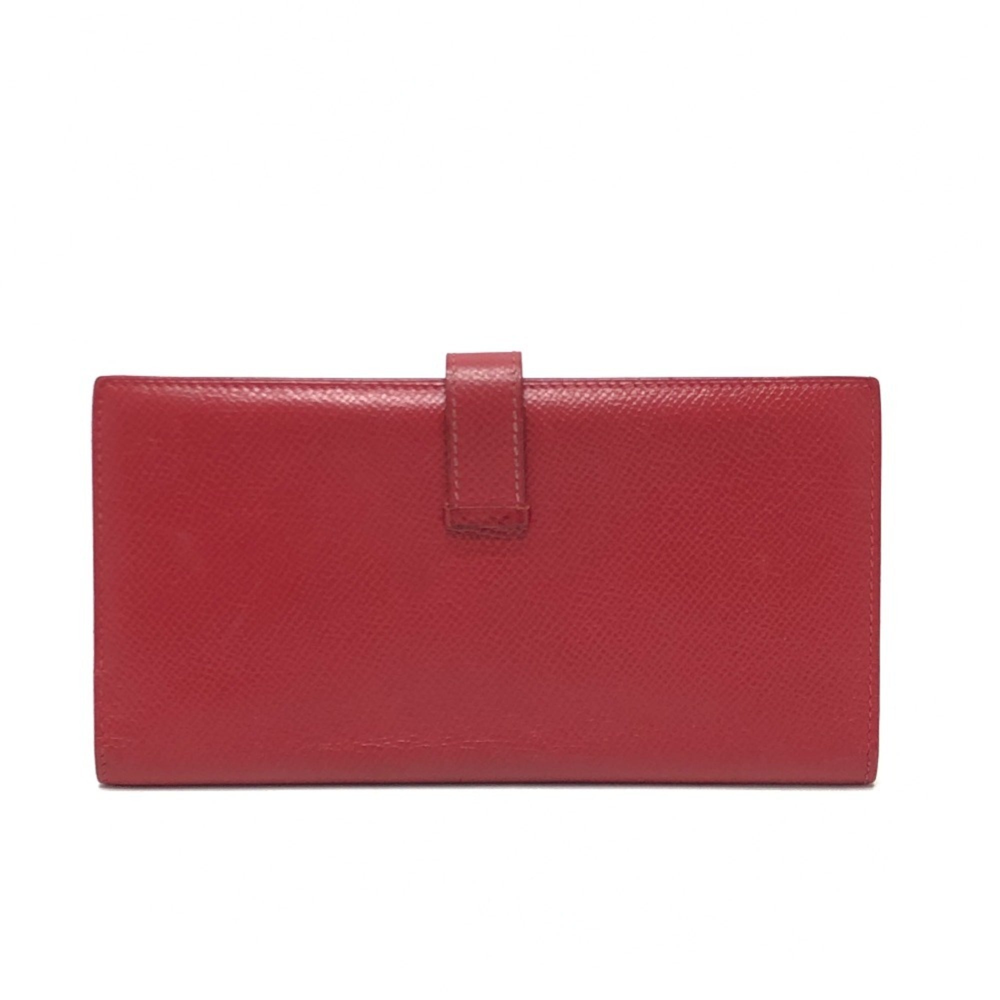Hermes Red Color Courchevel Leather Long Wallet (Bi-Fold) (Pre-Owned)