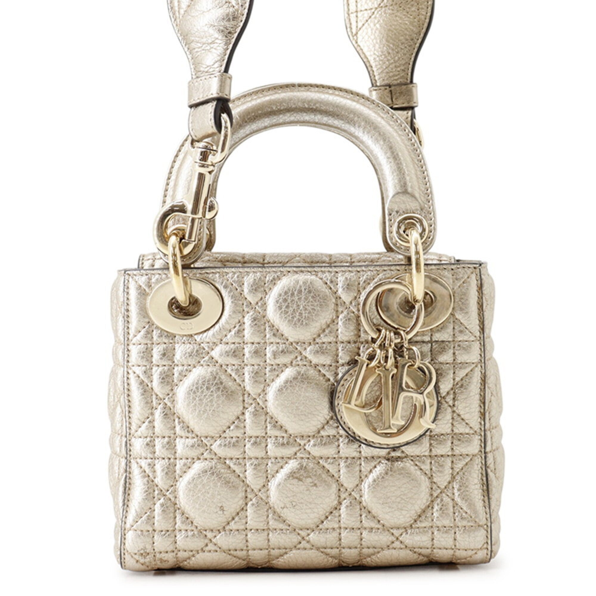 Christian Dior Lady Dior Gold Leather Handbag Shoulder Bag (Pre-Owned)