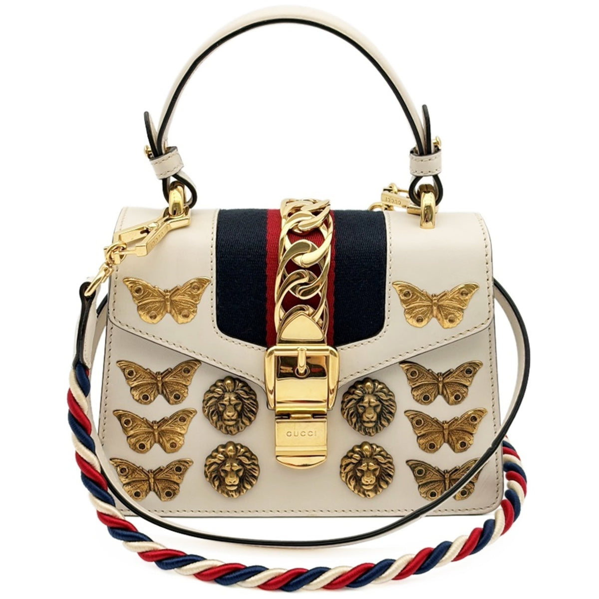 Gucci Navy Red Color White Leather Canvas Metal Handbag Shoulder Bag (Pre-Owned)