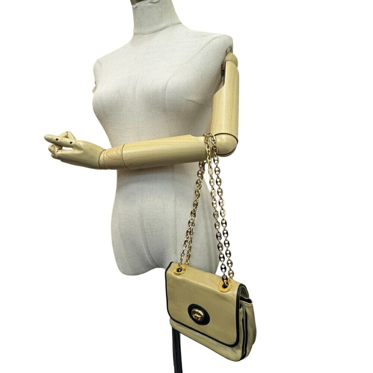Gucci Beige Black Leather Handbag Shoulder Bag (Pre-Owned)
