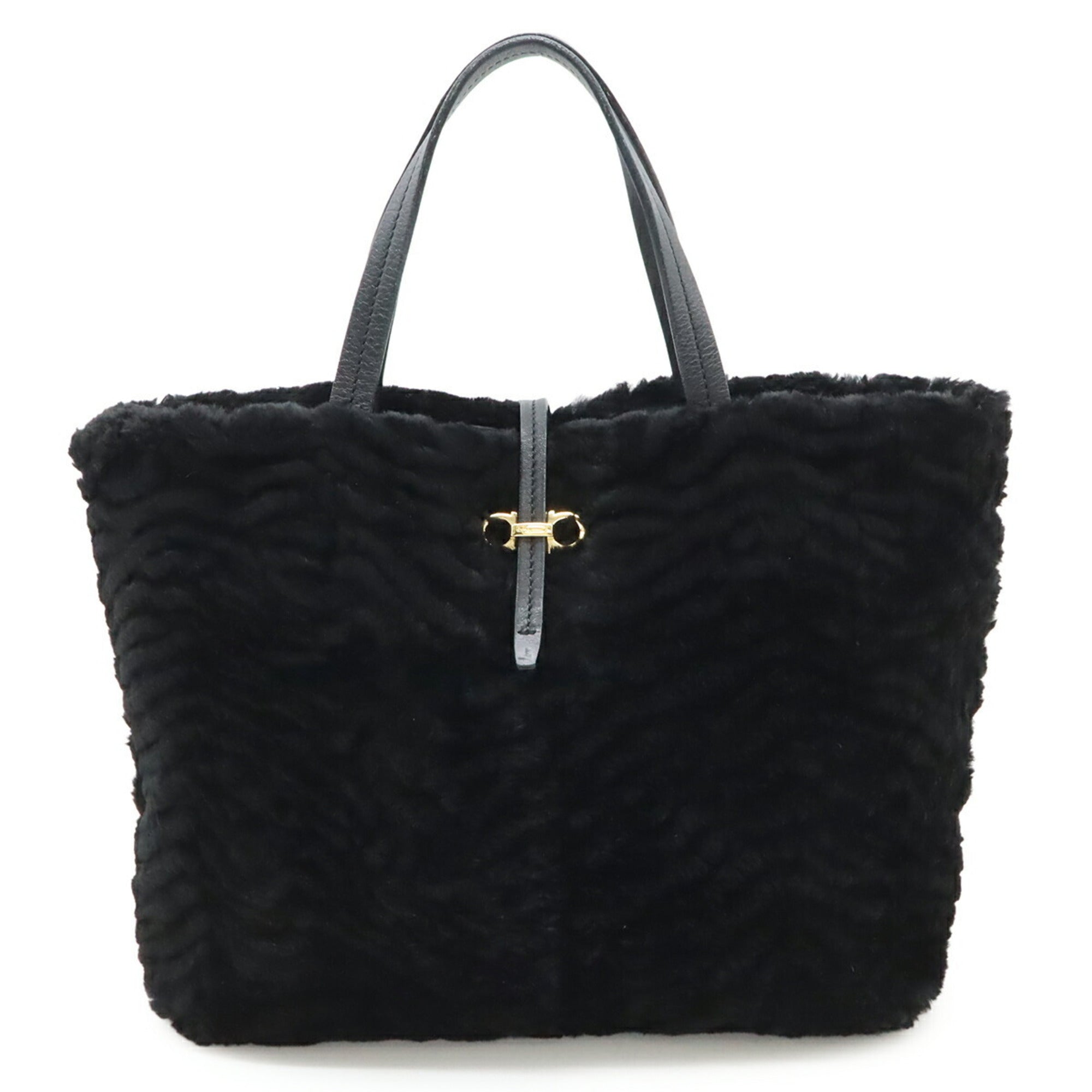 Salvatore Ferragamo Black Fur Leather Handbag Tote Bag (Pre-Owned)