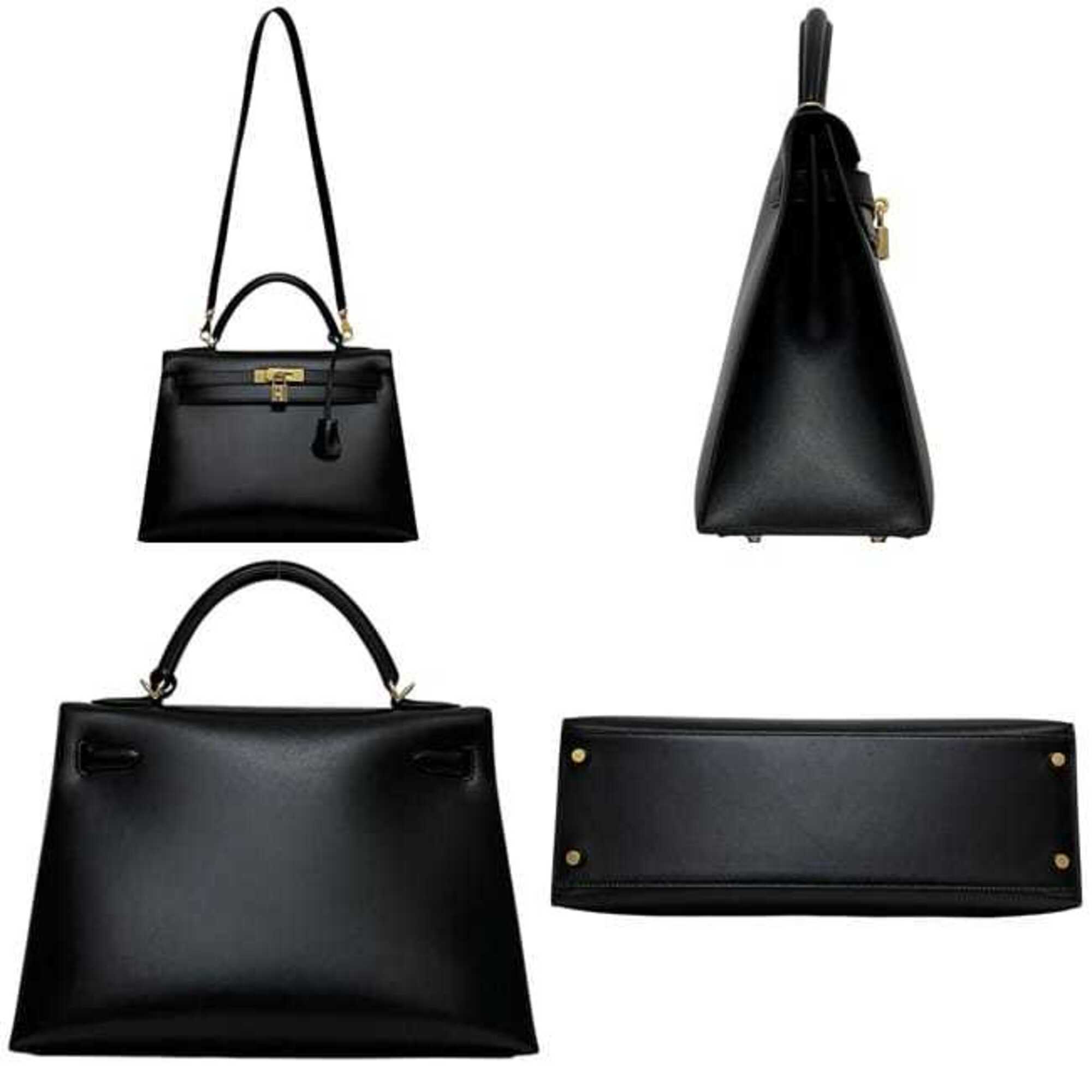 Hermes Kelly Black Box Calf Leather Handbag Shoulder Bag (Pre-Owned)