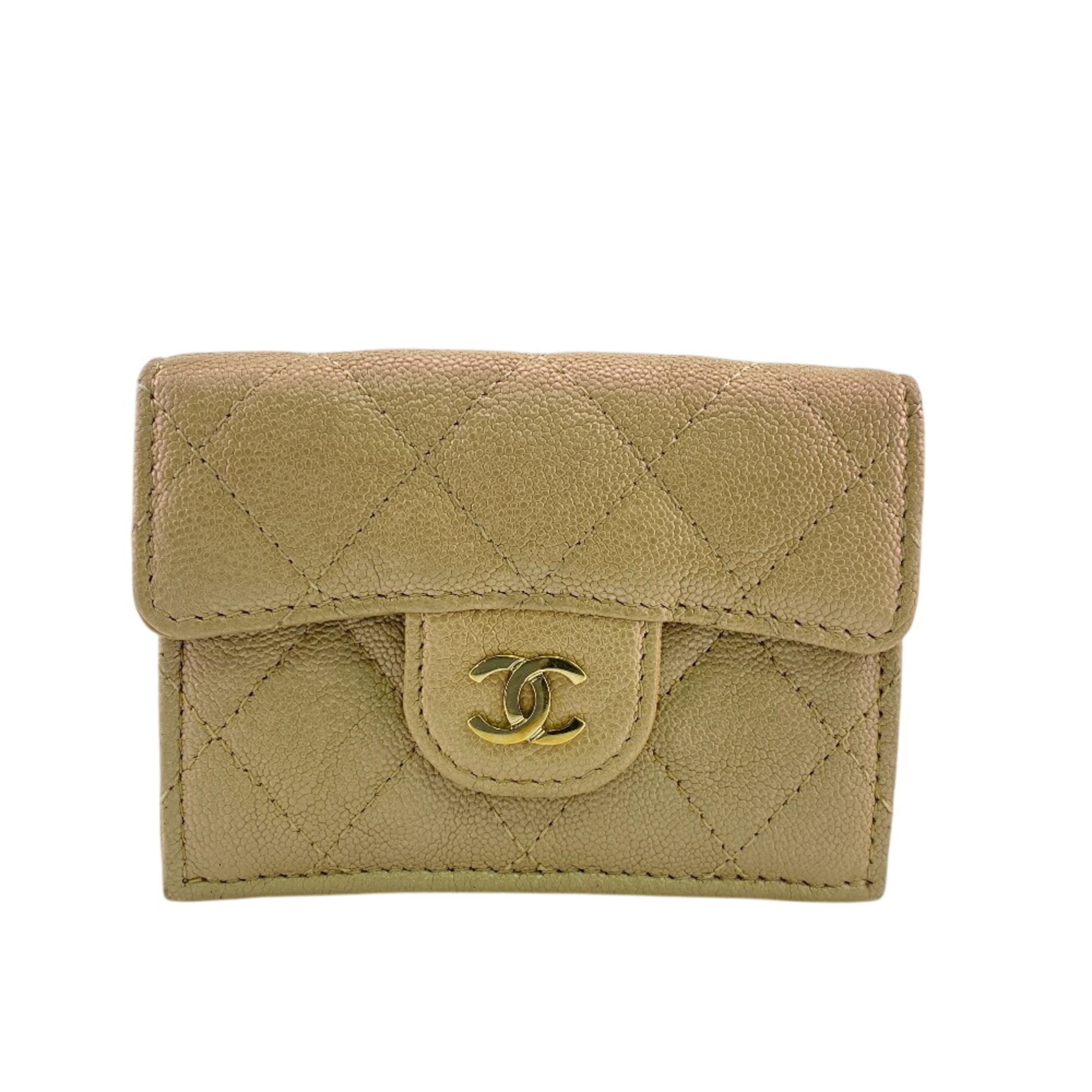 Chanel Beige Beige Gold Grained Calfskin Leather Wallet (Tri-Fold) (Pre-Owned)