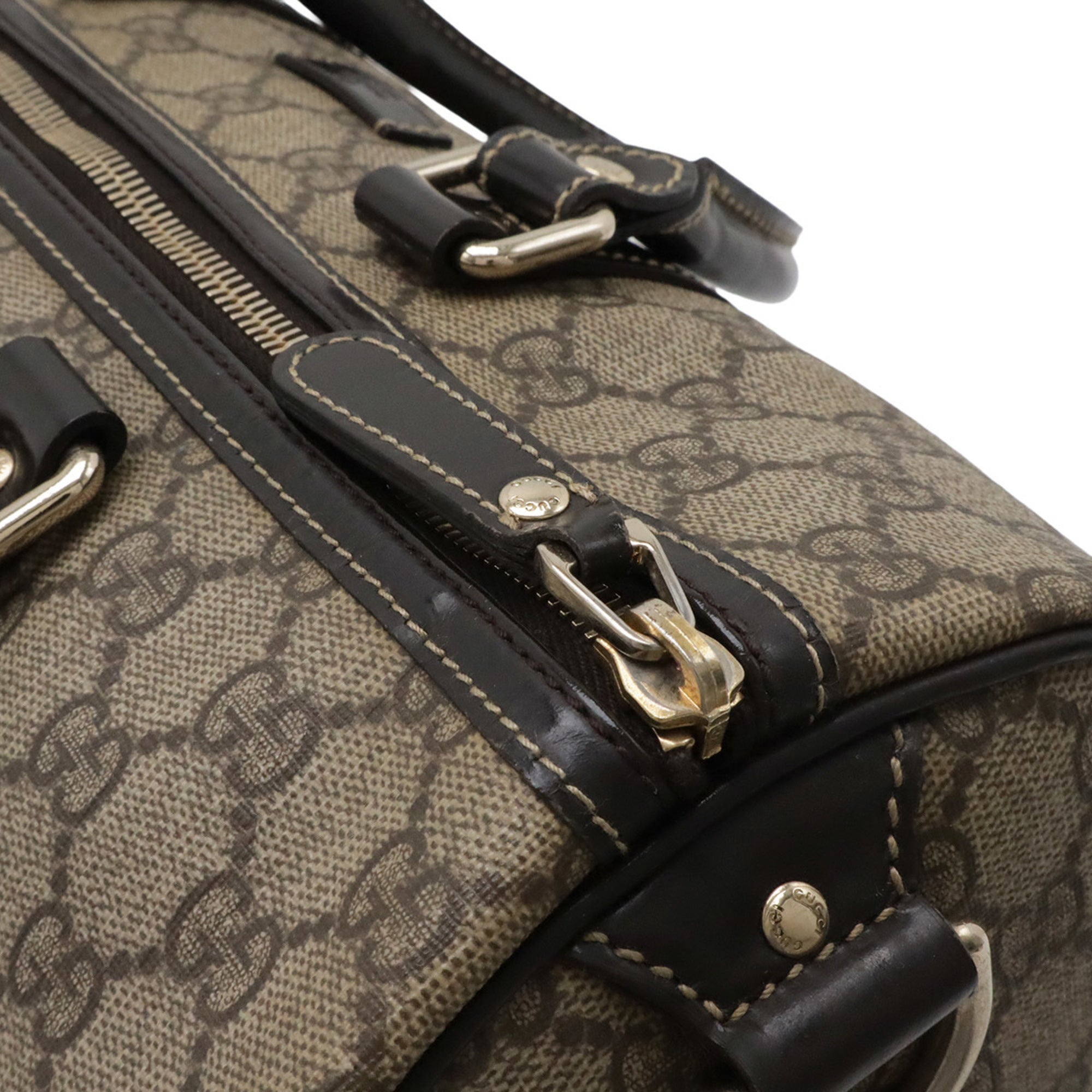 Gucci Beige Dark Brown Khaki Gg Supreme Canvas Patent Leather Boston Bag Handbag Shoulder Bag (Pre-Owned)