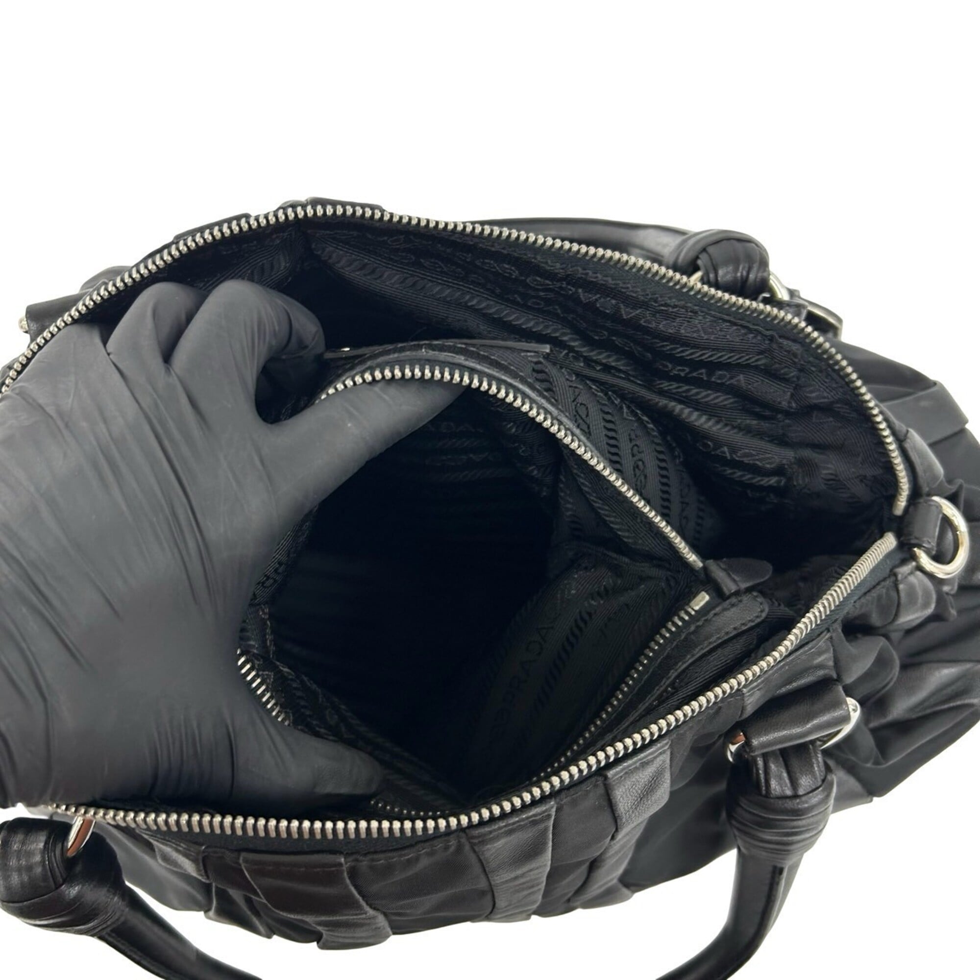 Prada Black Nylon Leather Boston Bag Handbag Tote Bag (Pre-Owned)