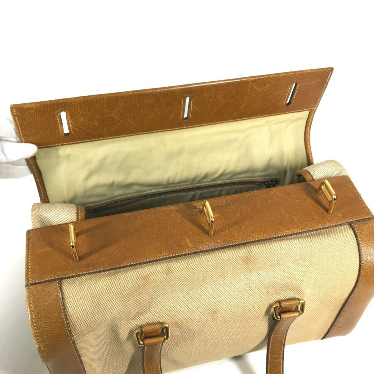 Hermes Beige Brown Leather Canvas Boston Bag Shoulder Bag Vanity Bag (Pre-Owned)