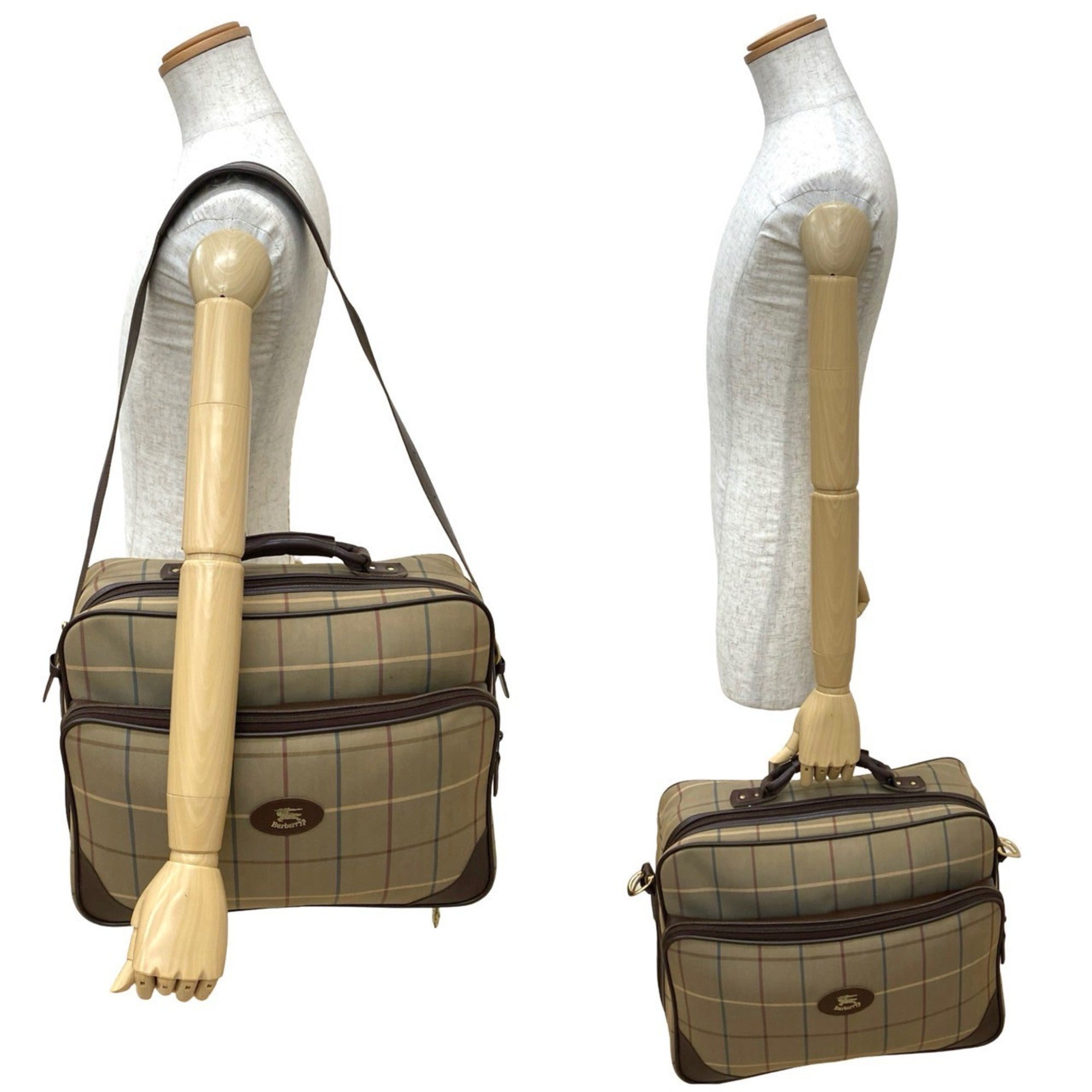 Burberry Brown Khaki Canvas Leather Boston Bag Handbag Shoulder Bag (Pre-Owned)