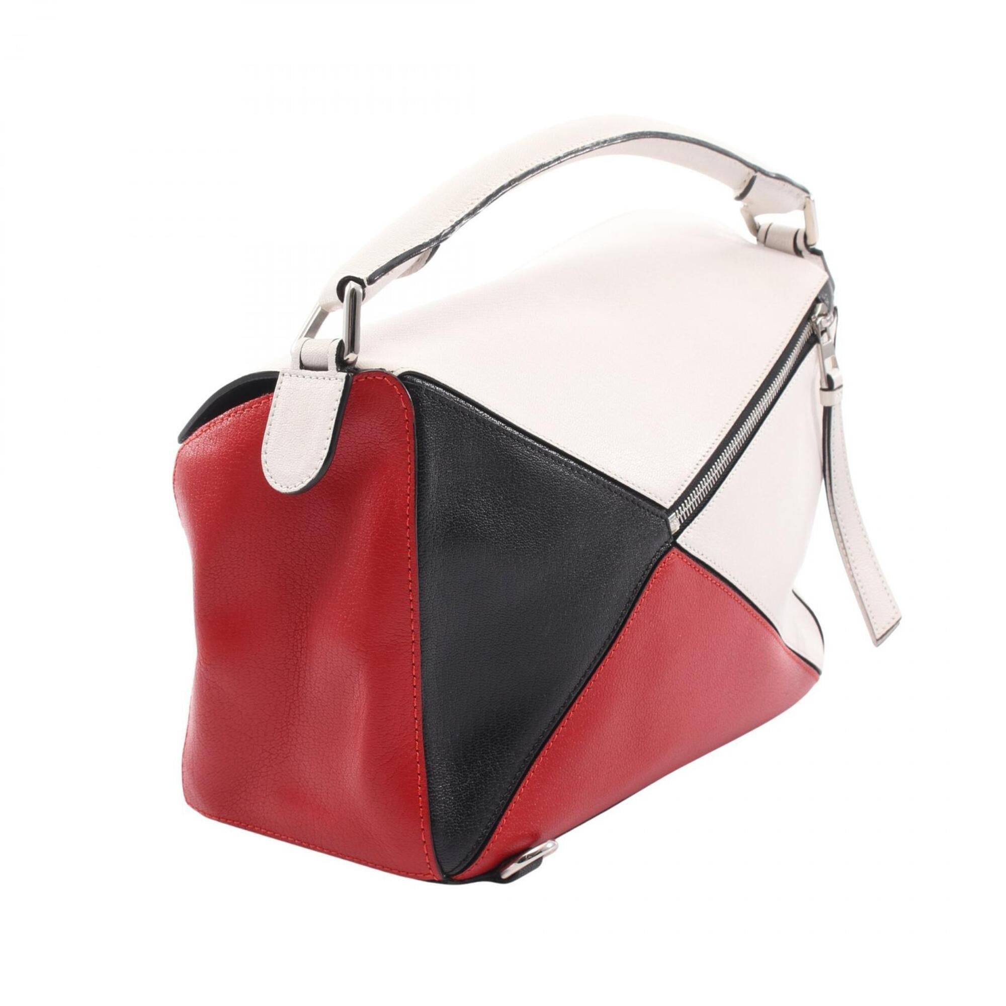 Loewe Puzzle Black Red Color White Leather Handbag (Pre-Owned)