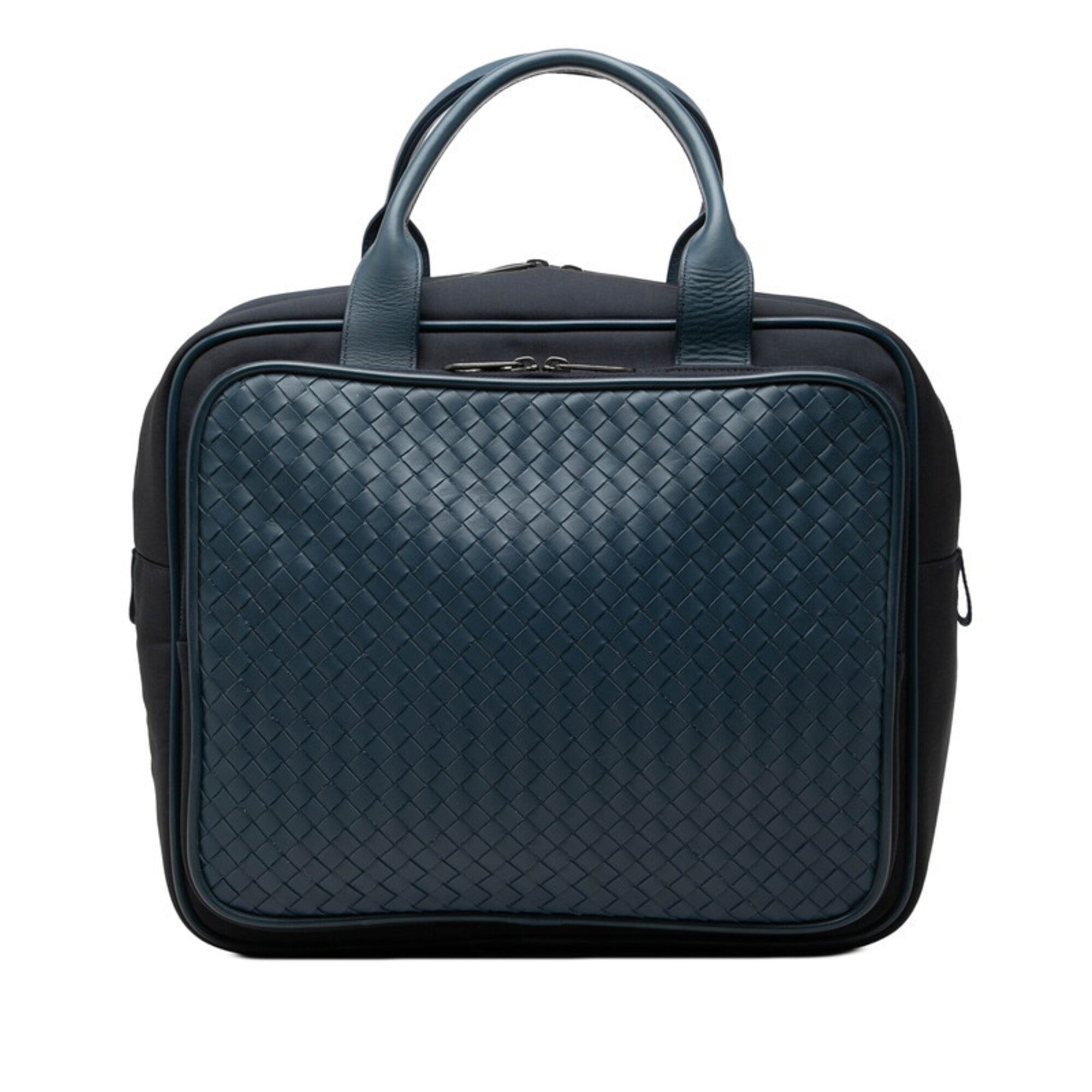 Bottega Veneta Navy Leather Canvas Handbag (Pre-Owned)
