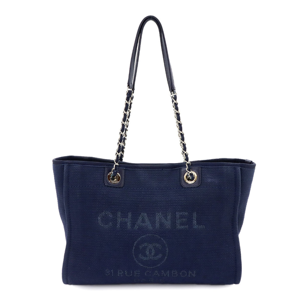 Chanel Navy Canvas Leather Handbag Tote Bag (Pre-Owned)