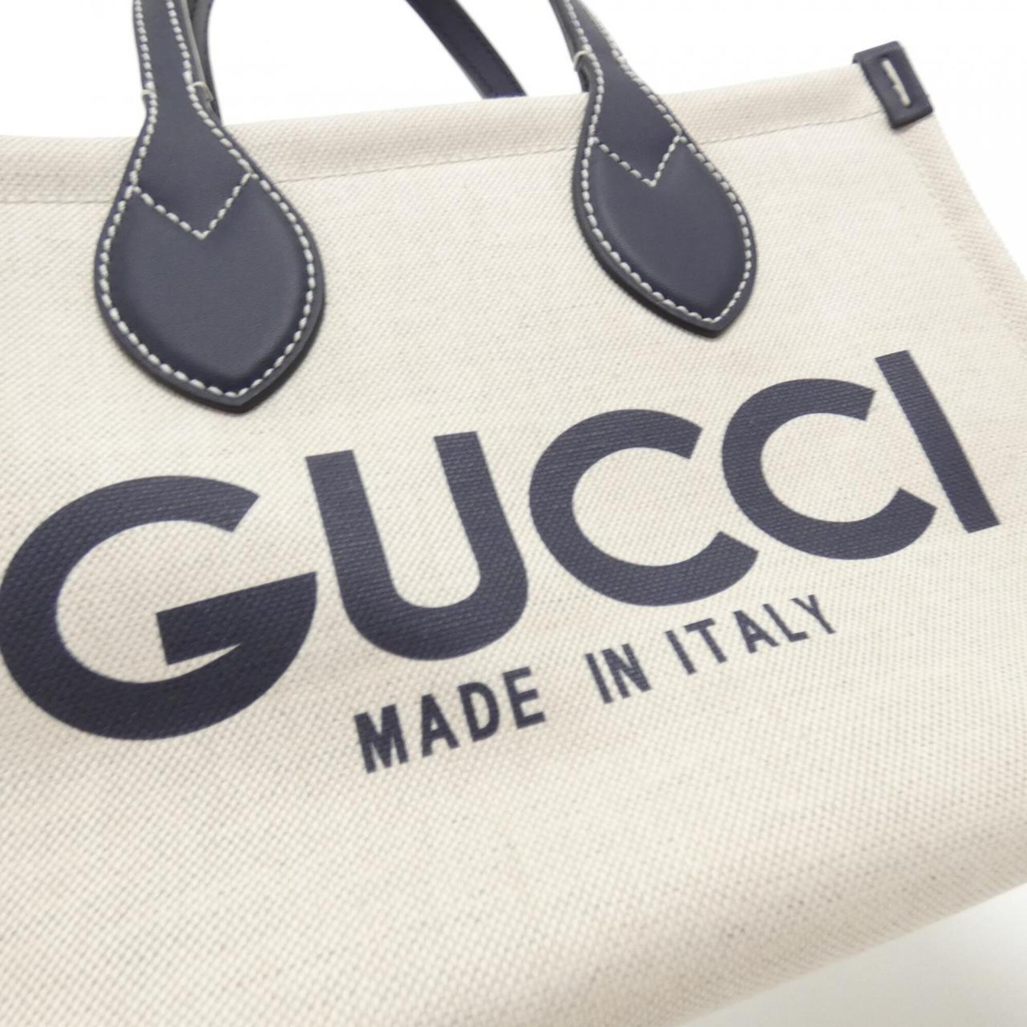 Gucci Beige Dark Blue Cotton Leather Handbag Pouch (Pre-Owned)