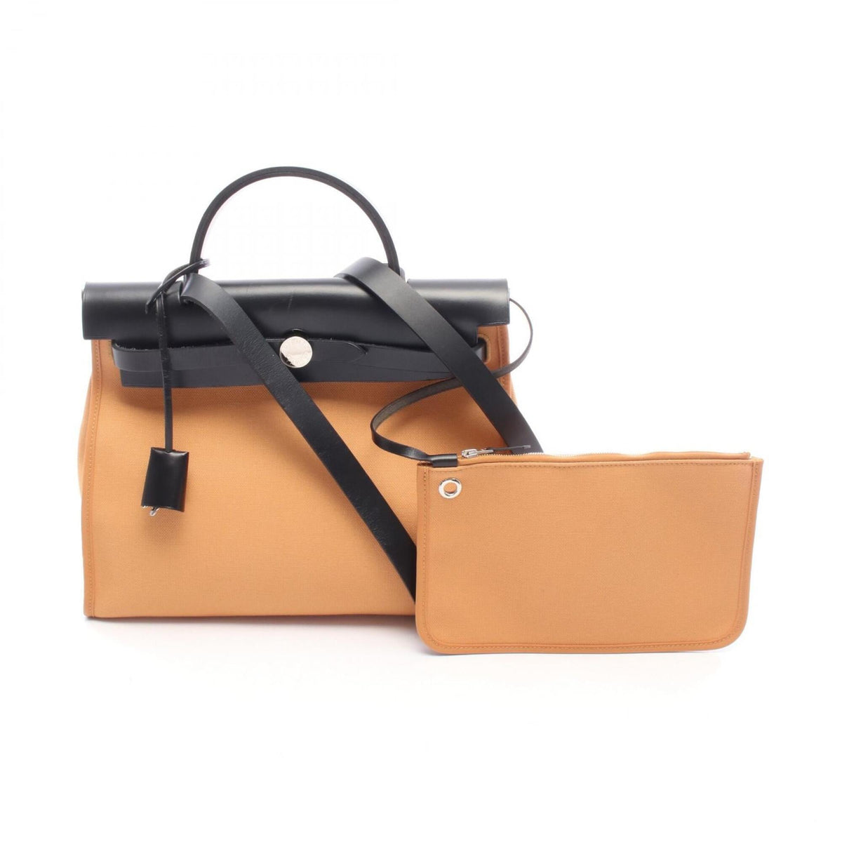 Hermes Black Brown Natural Sable Canvas Vache Leather Handbag Pouch (Pre-Owned)