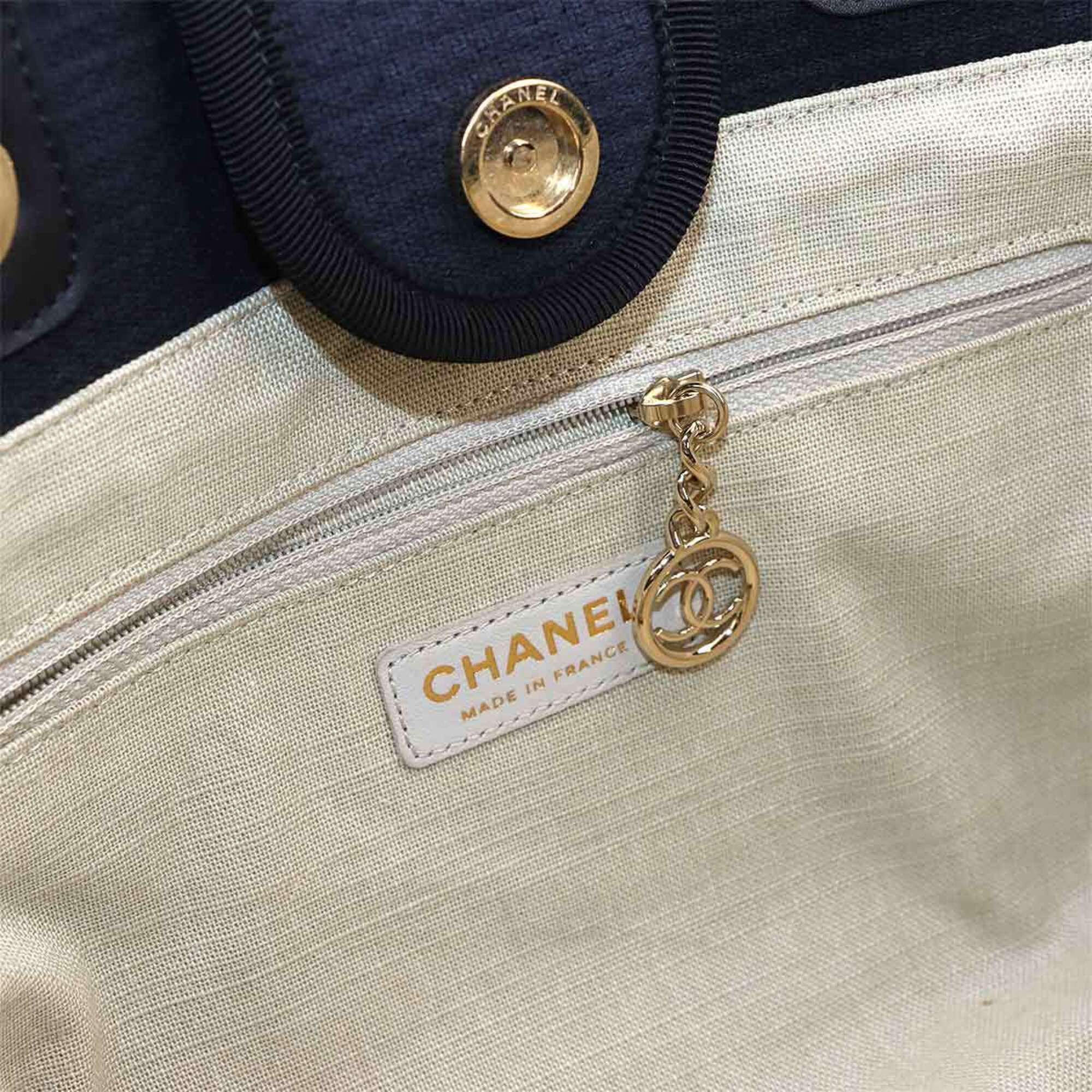 Chanel Navy Canvas Leather Handbag Shopping Bag Tote Bag (Pre-Owned)